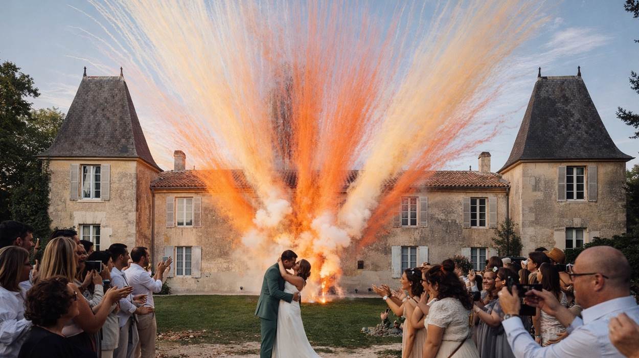 Sous les regards des invités, le Château de Seugnac s’embrase pour les mariés.
