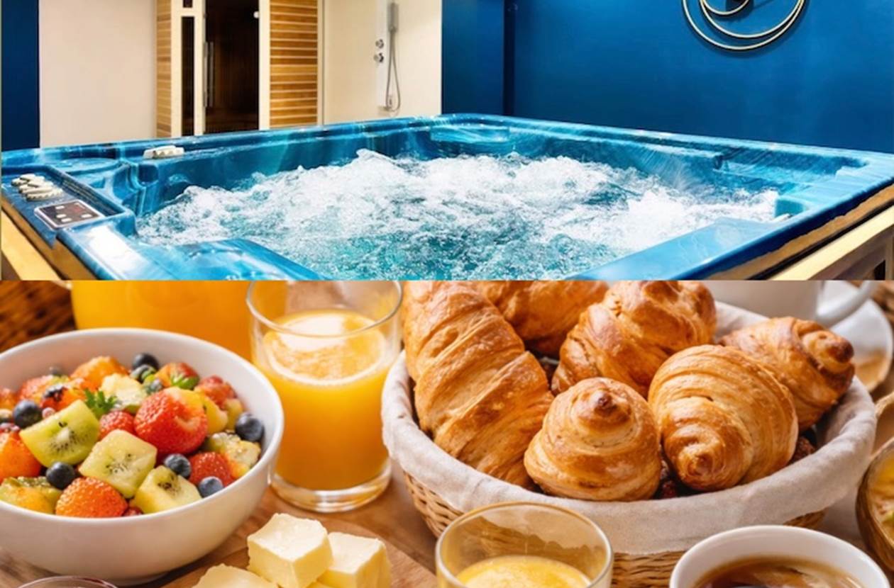Petit-déjeuner gourmand dans l’espace spa privatif Le Magnolia avec jacuzzi et sauna (photo non contractuelle)