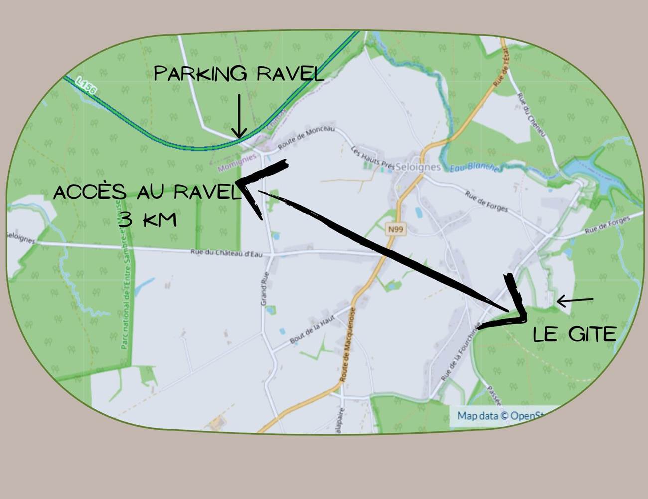 Accès au RaVel depuis le gîte La demoiselle ô bois