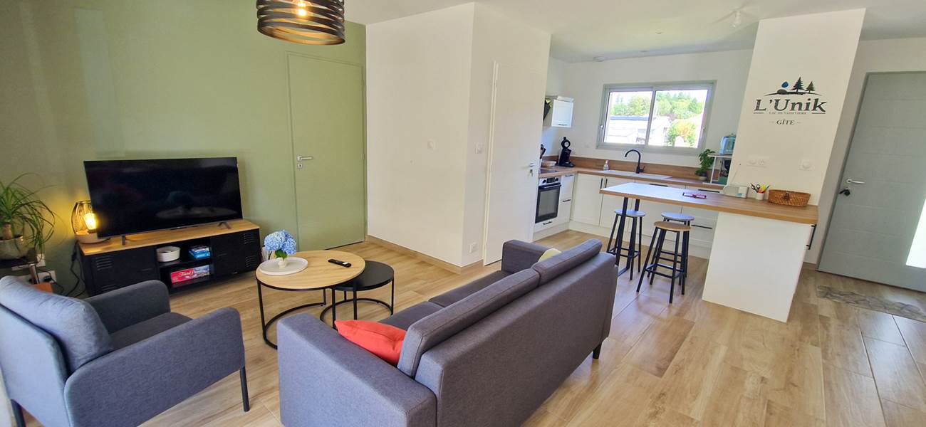 Gîte l'UNIK  salon avec télevision connectée