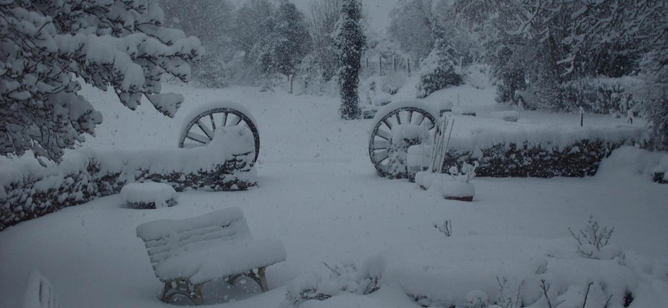 parc et jardins sous la neige au Ranch des Lacs