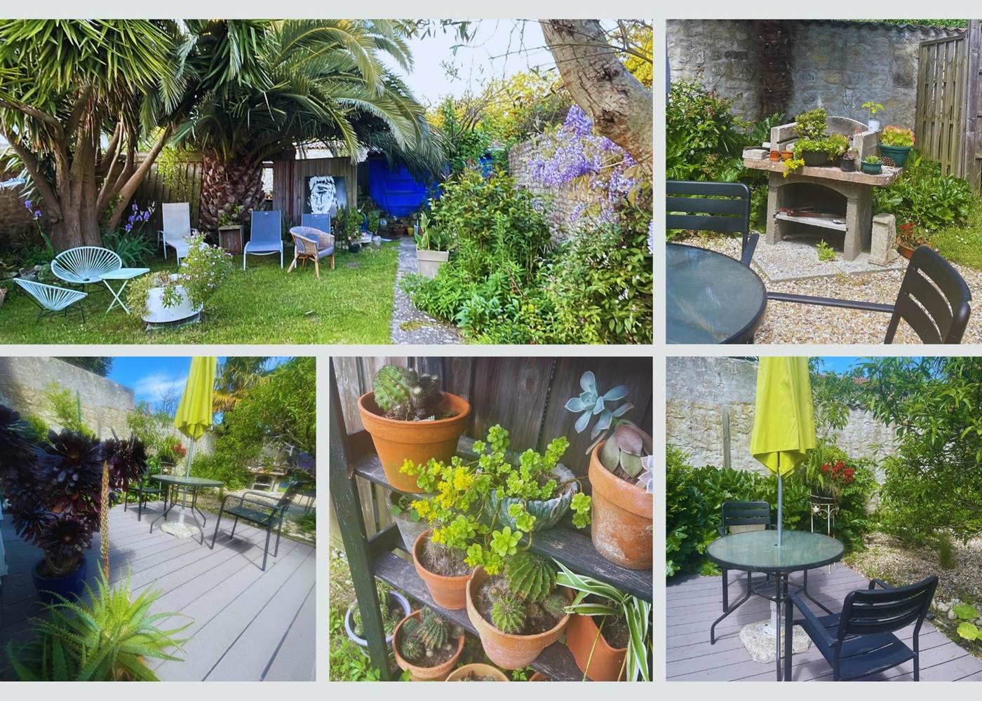 Espace détente sous les palmiers avec barbecue Notre jardin commun offre un véritable havre de paix : plantes grasses, banquettes, mobilier d’extérieur et un coin barbecue pour un séjour authentique et convivial à La Flotte.