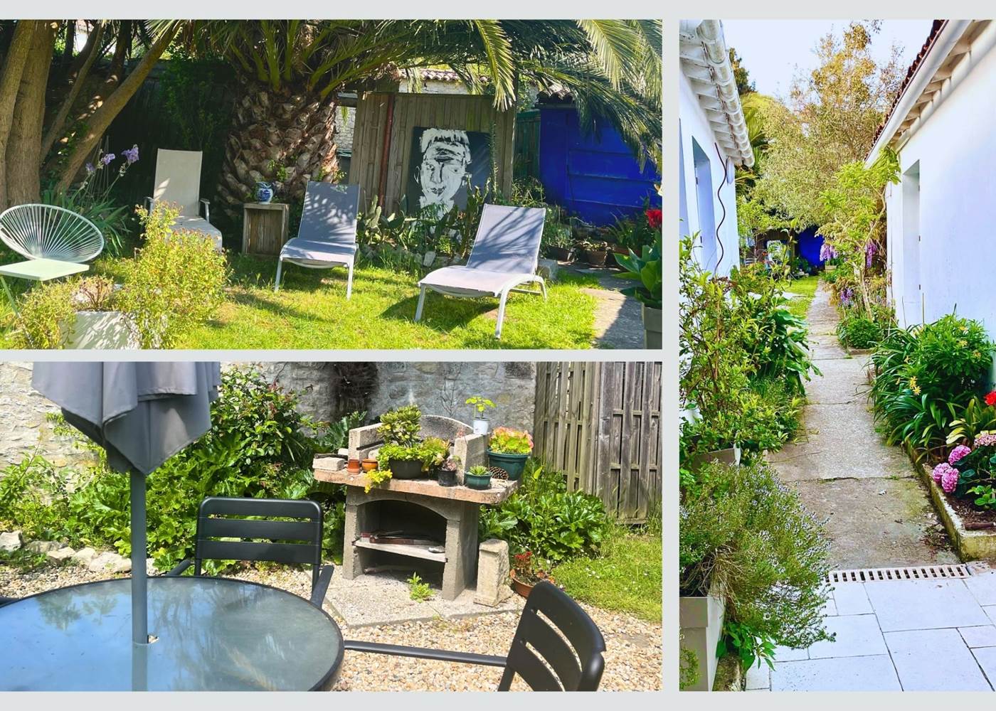 Maison Réthaise 2 – Jardin partagé et coin détente Un extérieur pensé pour la convivialité : transats sous les arbres, chemin arboré et coin barbecue pour des moments simples et chaleureux.