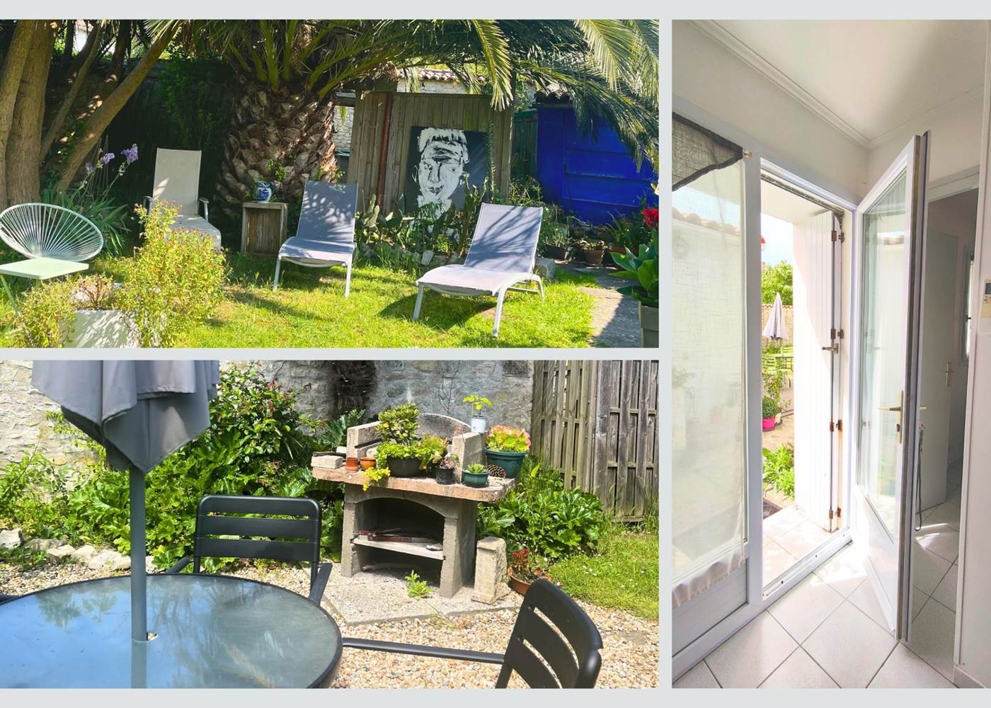 Maison Réthaise 2 : Jardin et barbecue au centre-ville de La Flotte Une ambiance fleurie et conviviale pour vos repas en plein air et vos après-midis farniente à l’ombre du palmier.