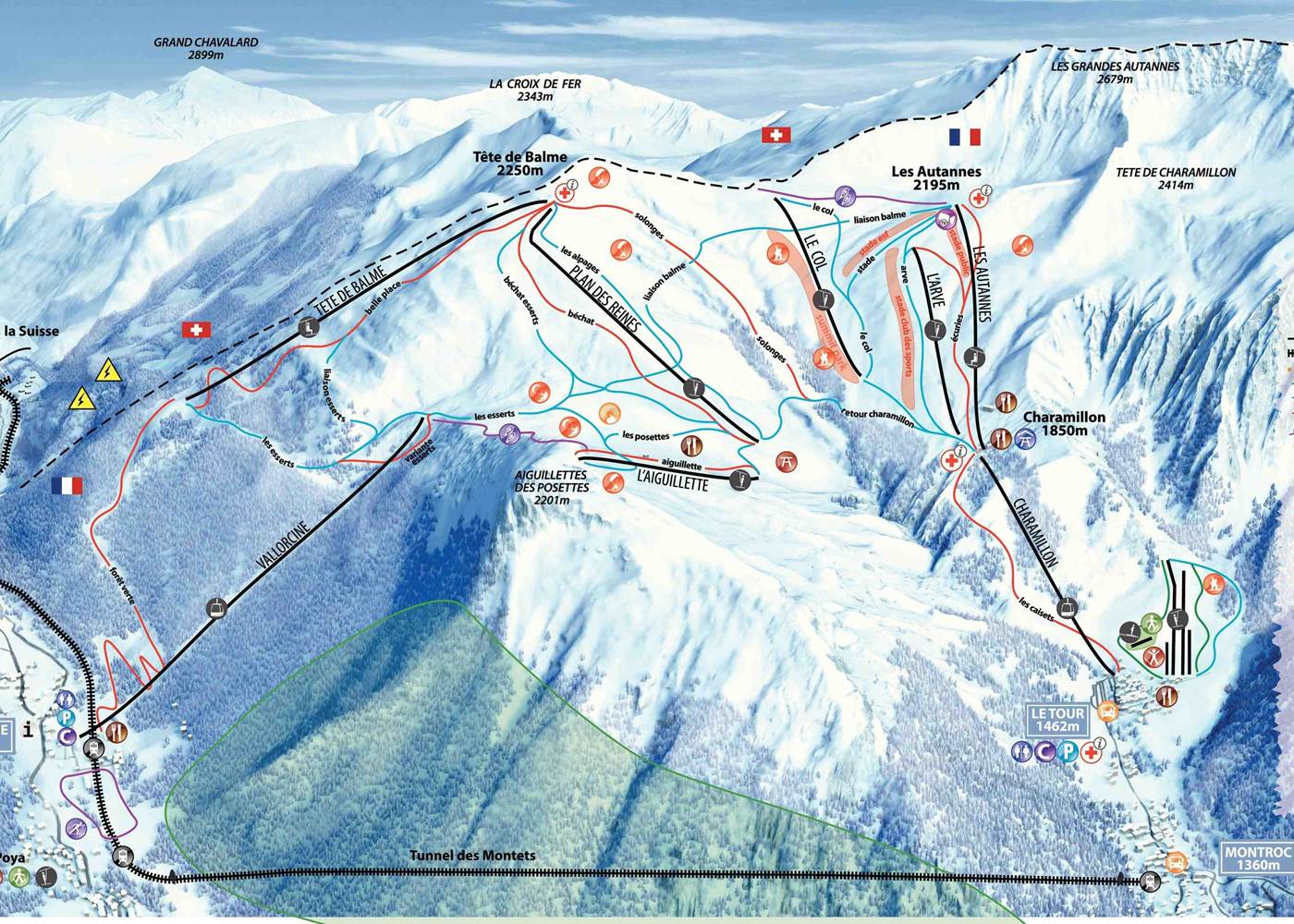 Plan des pistes, ski slopes area, du domaine de la Balme/Vallorcine