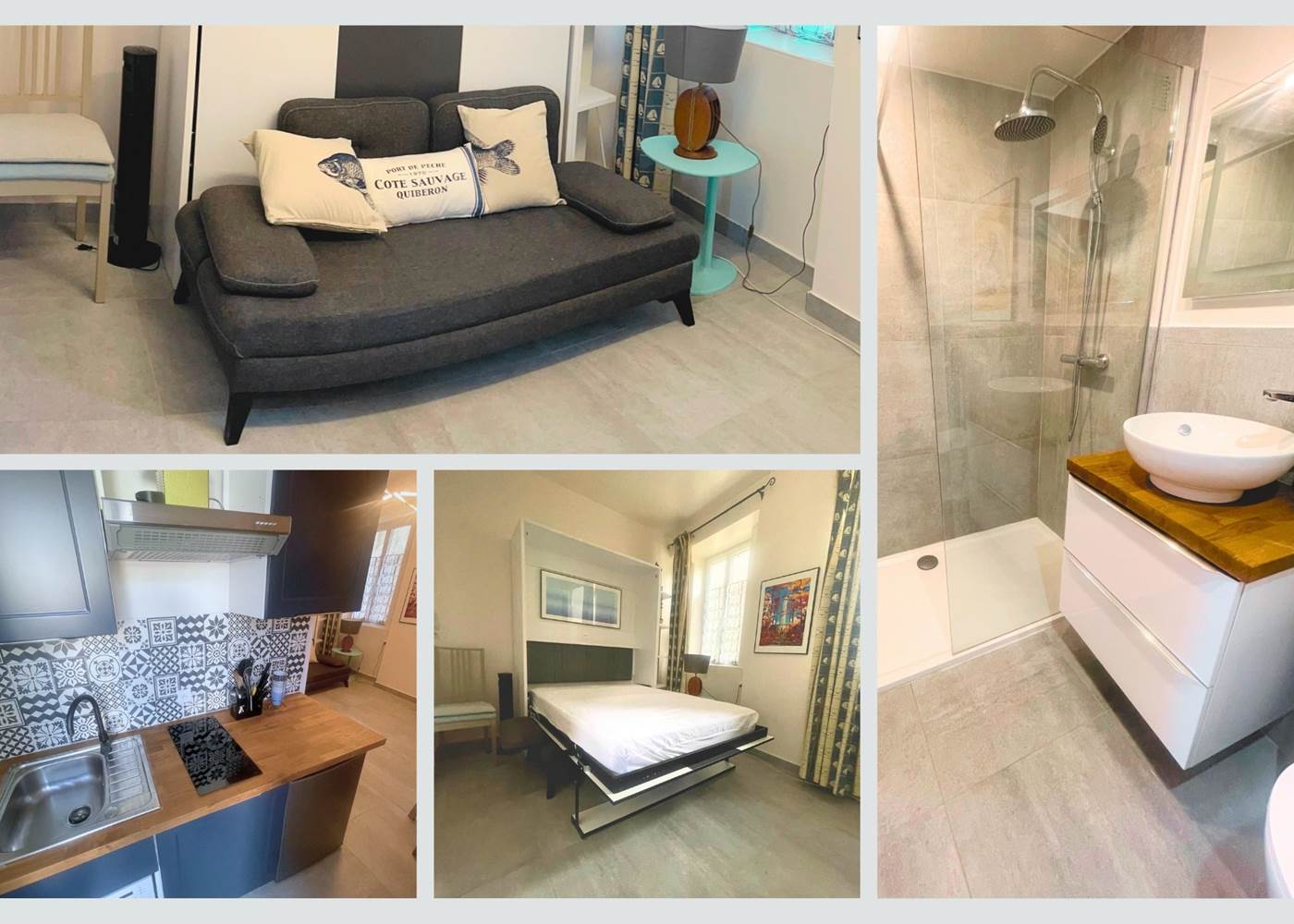 Studio rue du Marché – charme et fonctionnalité au cœur du village Lit escamotable, salle d’eau contemporaine, cuisine équipée et accès au jardin commun : tout est prévu pour un séjour détente à La Flotte.