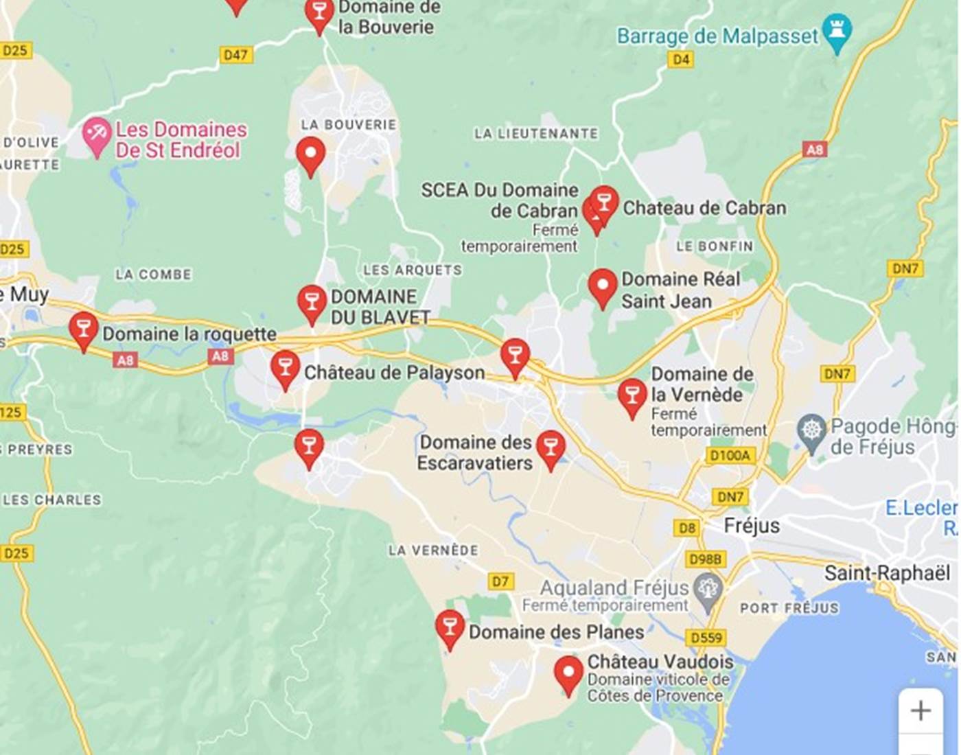 Carte des Domaines Viticoles de Roquebrune-sur-Argens