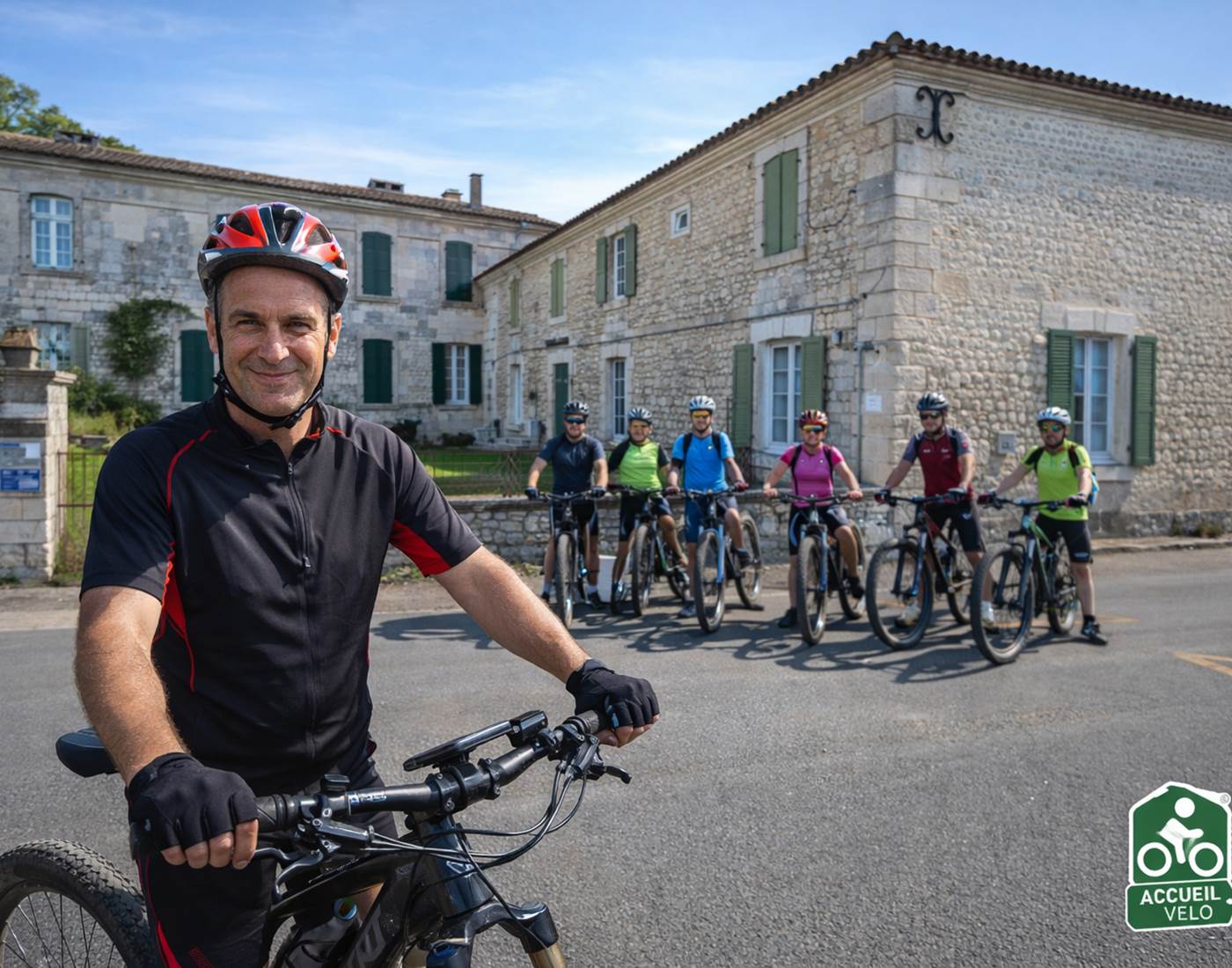 Gilles devant la Maison Garesché à Nieulle-sur-Seudre avec un groupe de cyclotouristes