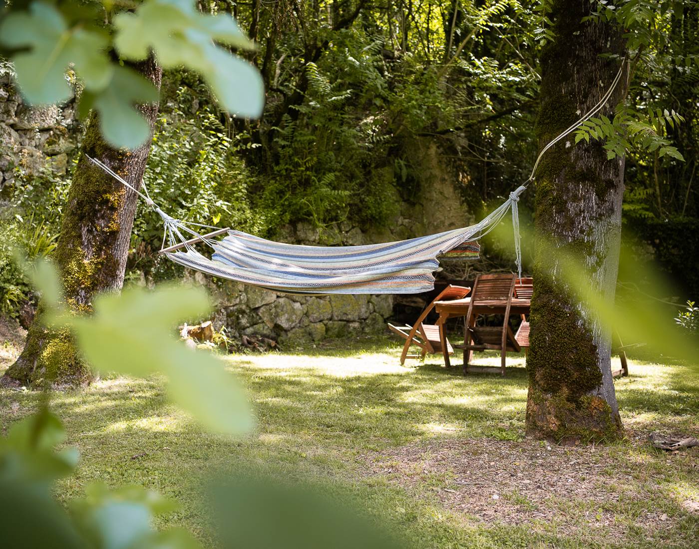 Espace détente avec hamac et fauteuil suspendu sous les arbres