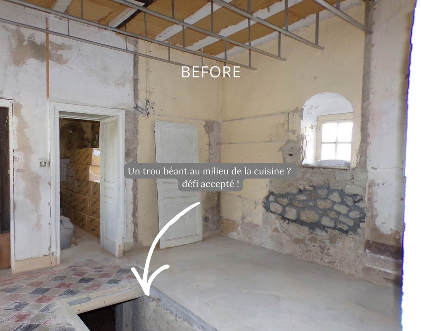 Cuisine ancienne avant rénovation, gros travaux structurels au Manoir du Colombier.