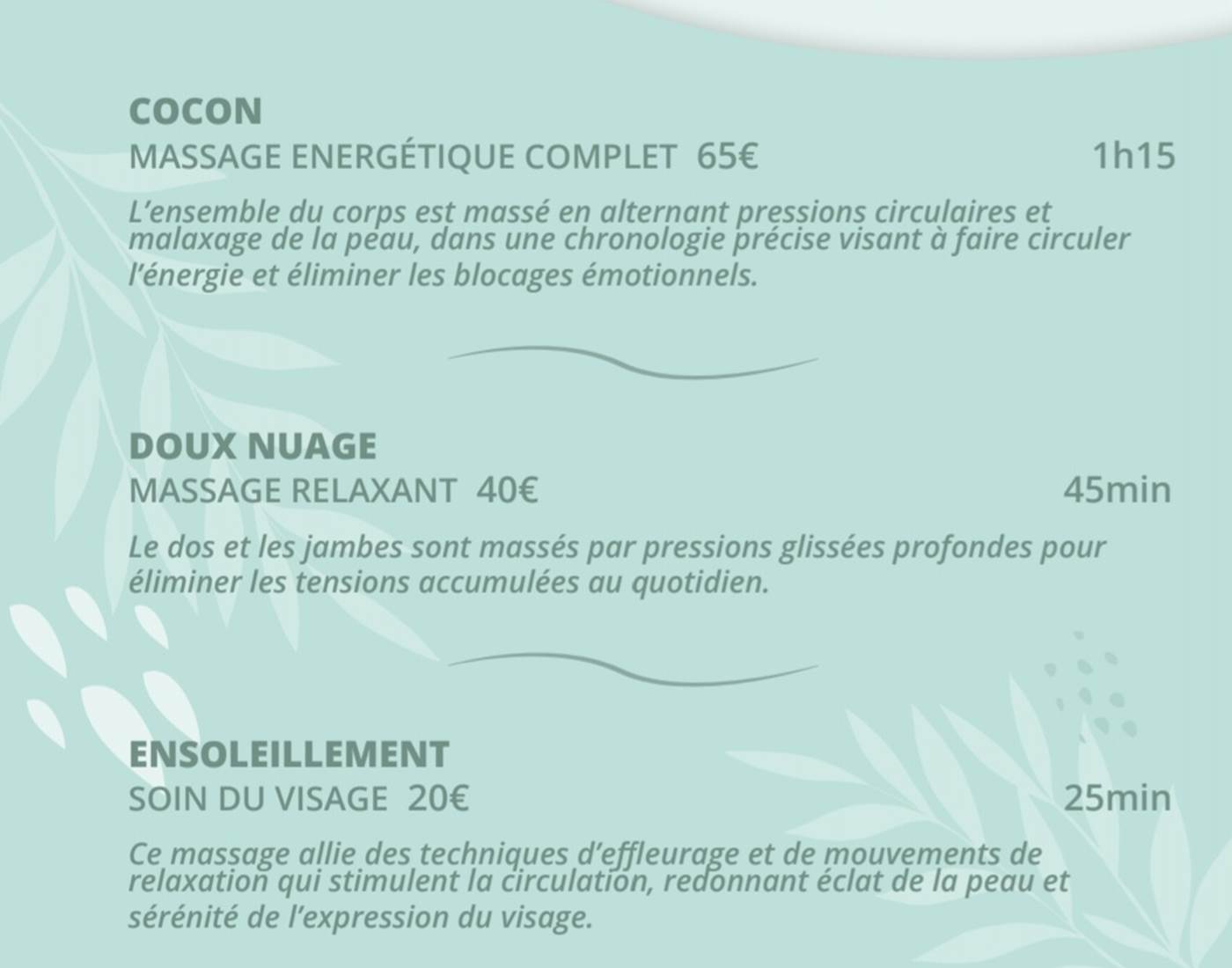 Les difféents massages et tarif