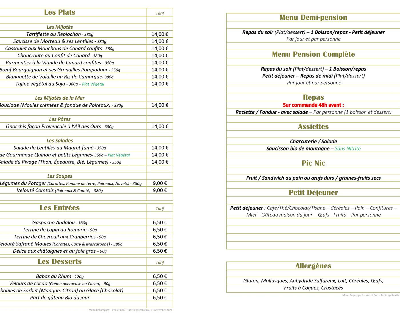Carte des repas. Tarifs applicables à partir du 1er Nov 2024