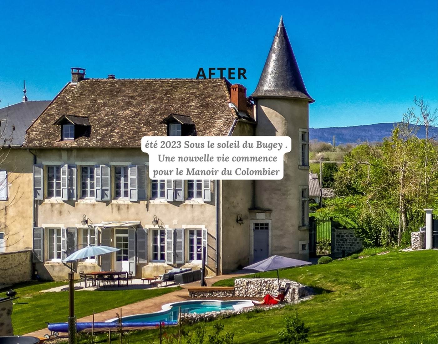 Vue aérienne du Manoir du Colombier rénové, jardin, piscine et bain nordique à 1h20 de Lyon