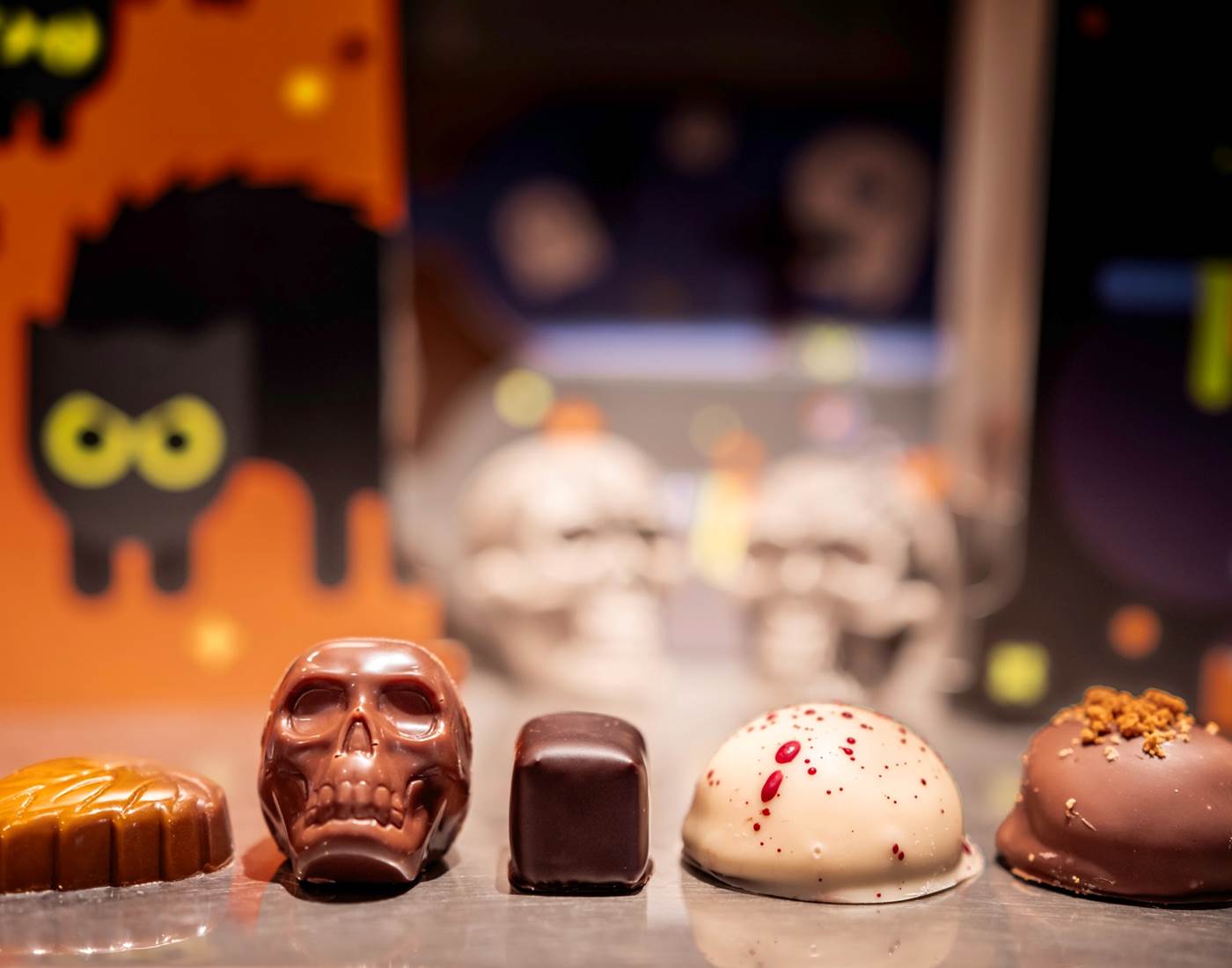 Pralines au Pumpkin Spice, guimauve, massepain, framboise et spéculoos