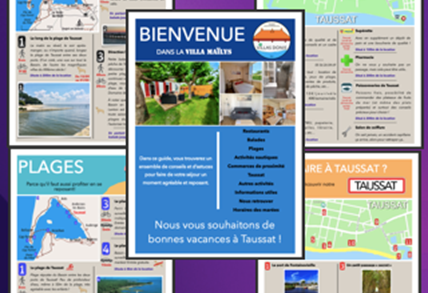 Quelques extraits de notre livret d'accueil regroupant une sélection de restaurants, de balades, de plages, d'activités nautiques, des commerces de proximité, des infos utiles, des horaires des marées, d'une carte de Taussat et bien d'autres infos !