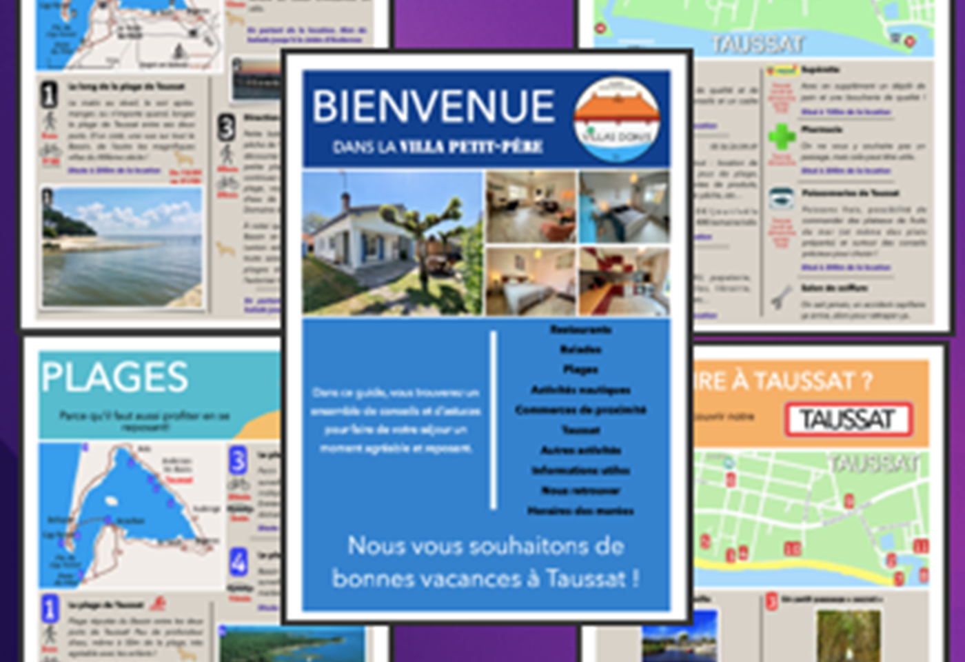 Quelques extraits de notre livret d'accueil regroupant une sélection de restaurants, de balades, de plages, d'activités nautiques, des commerces de proximité, des infos utiles, des horaires des marées, d'une carte de Taussat et bien d'autres infos !
