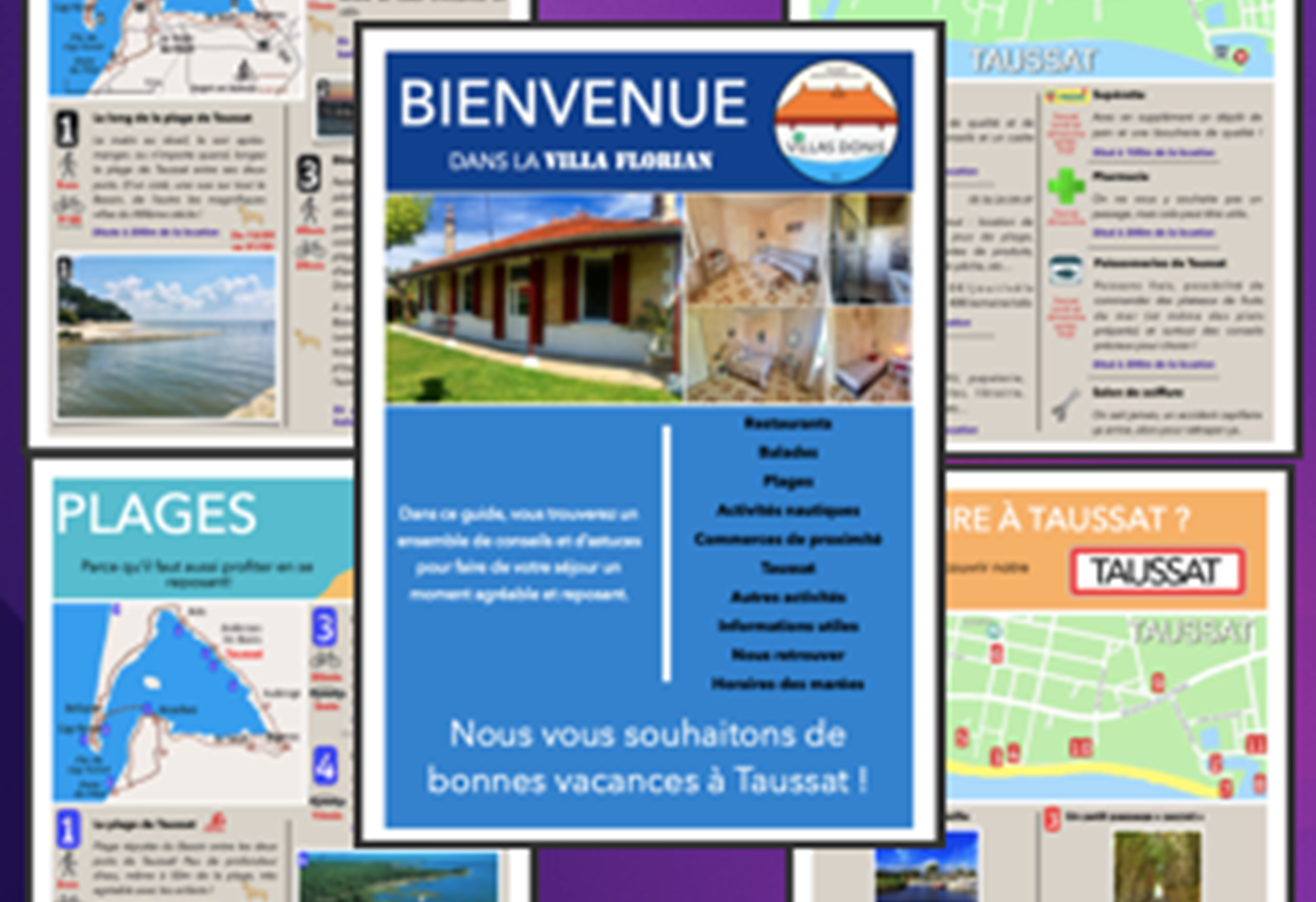 Quelques extraits de notre livret d'accueil regroupant une sélection de restaurants, de balades, de plages, d'activités nautiques, des commerces de proximité, des infos utiles, des horaires des marées, d'une carte de Taussat et bien d'autres infos !