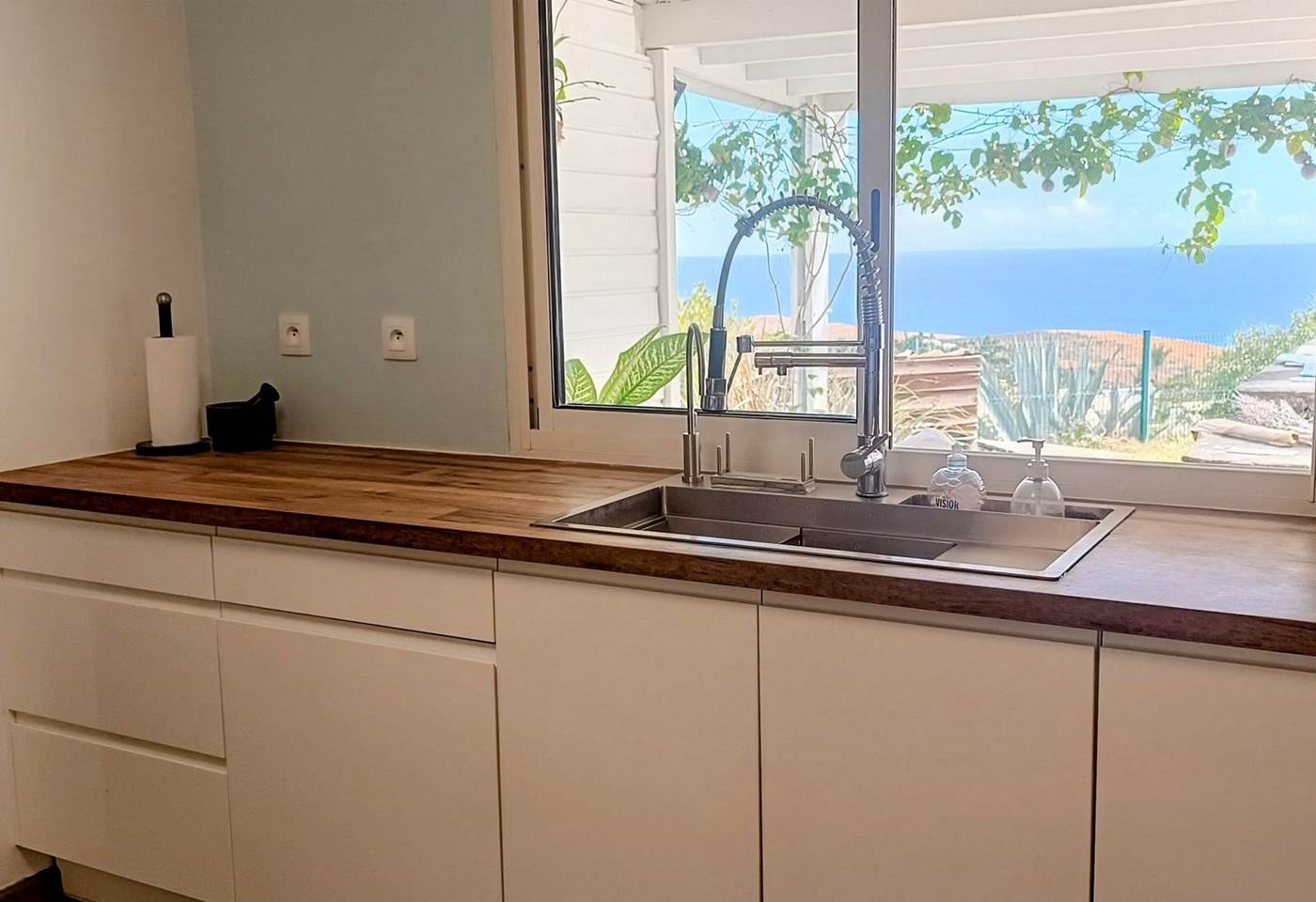 Vue mer et jardin depuis la cuisine