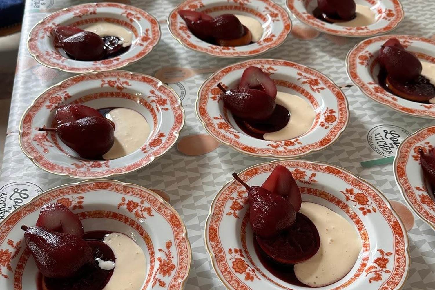 The dessert is pears poached in red Chateau MontPlaisir wine Safres