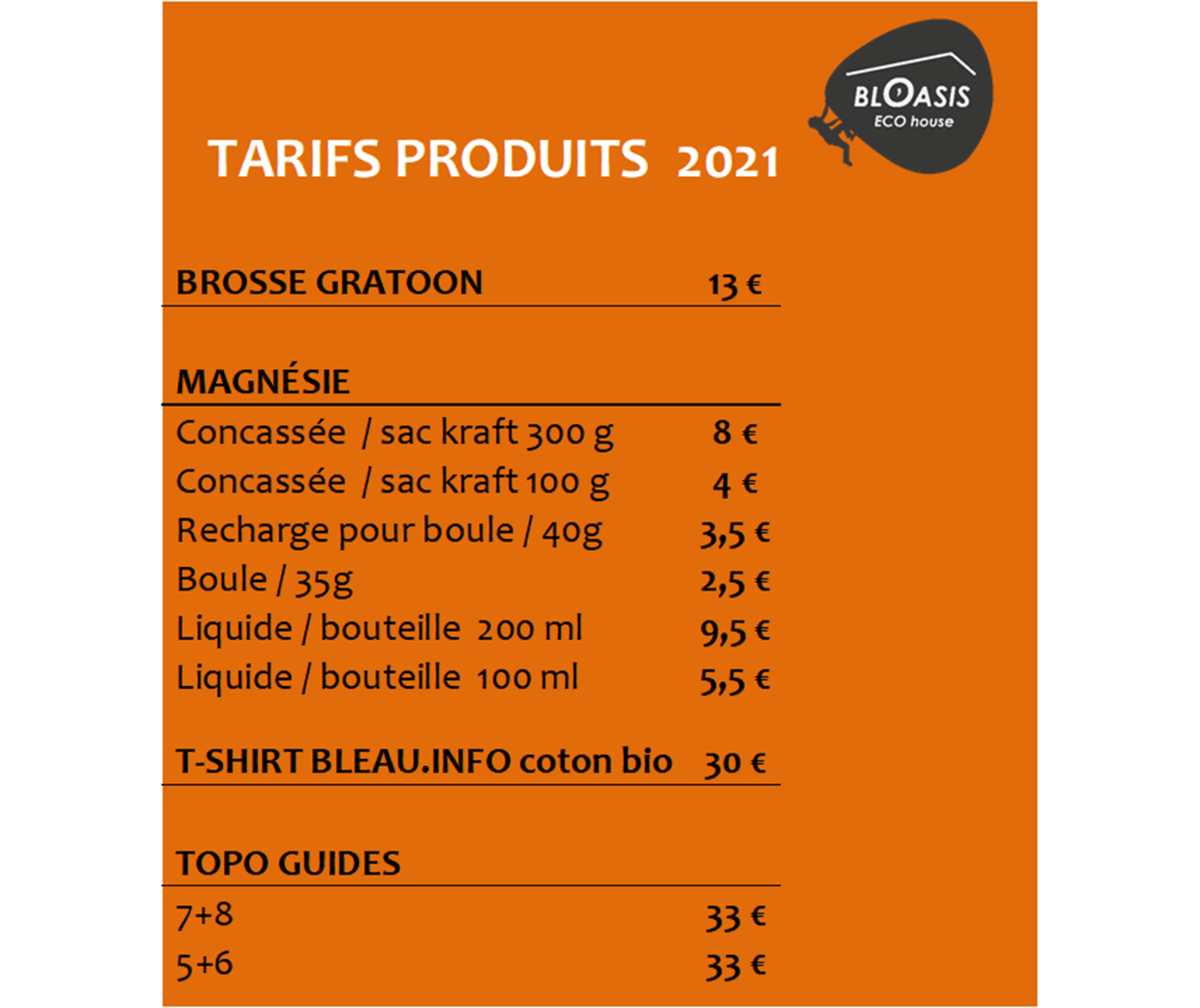 Tarif produits BLOASIS 2021