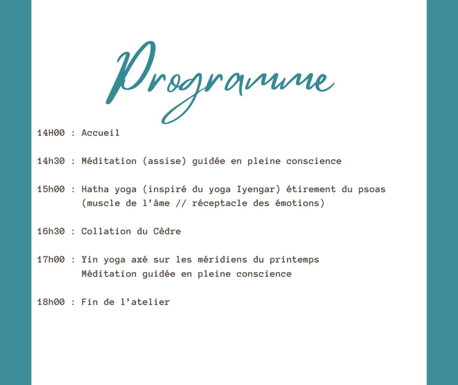 programme de l'atelier yoga