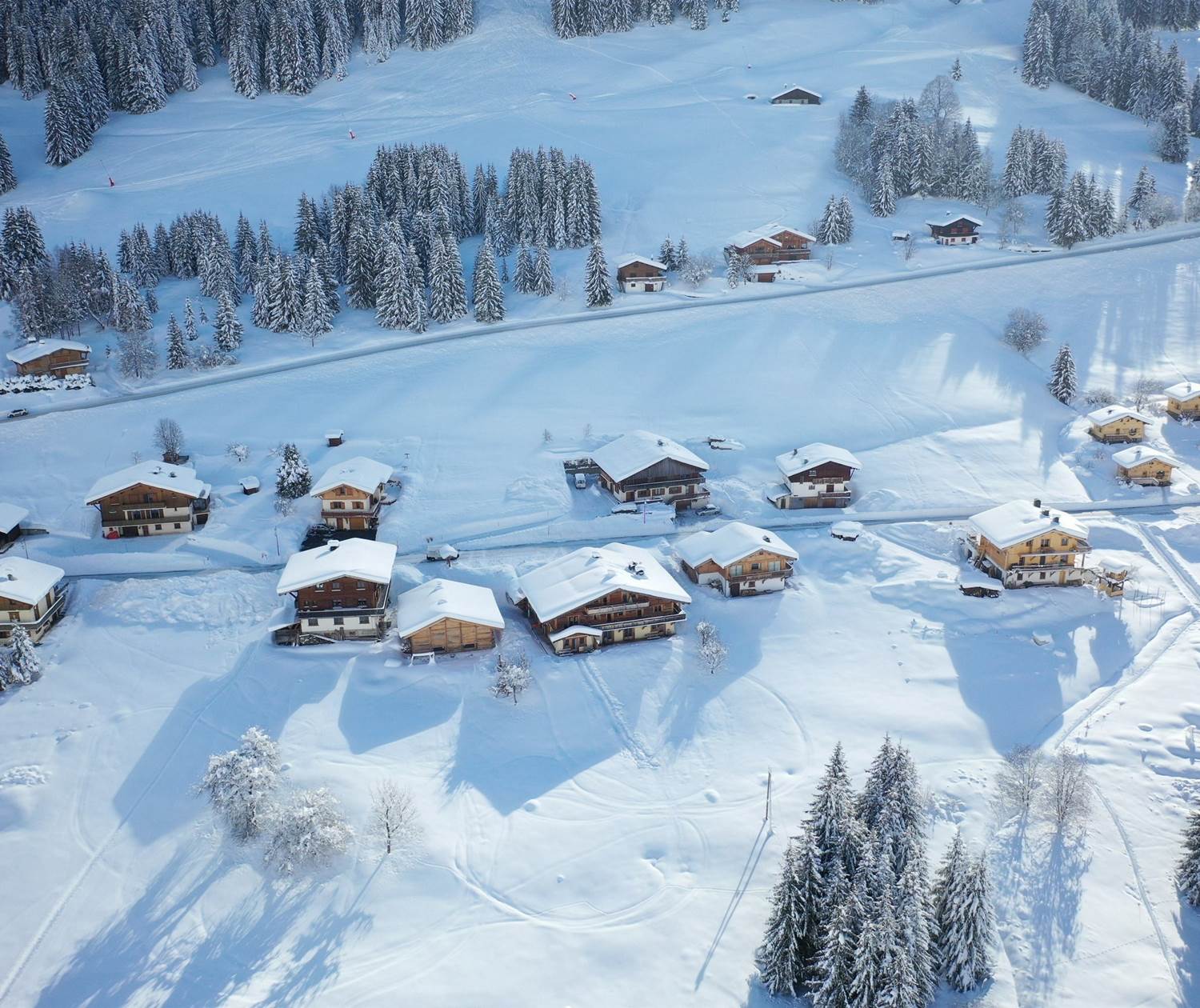 vue aerienne de la Ferme des Georgieres et des chalets d'Heidi