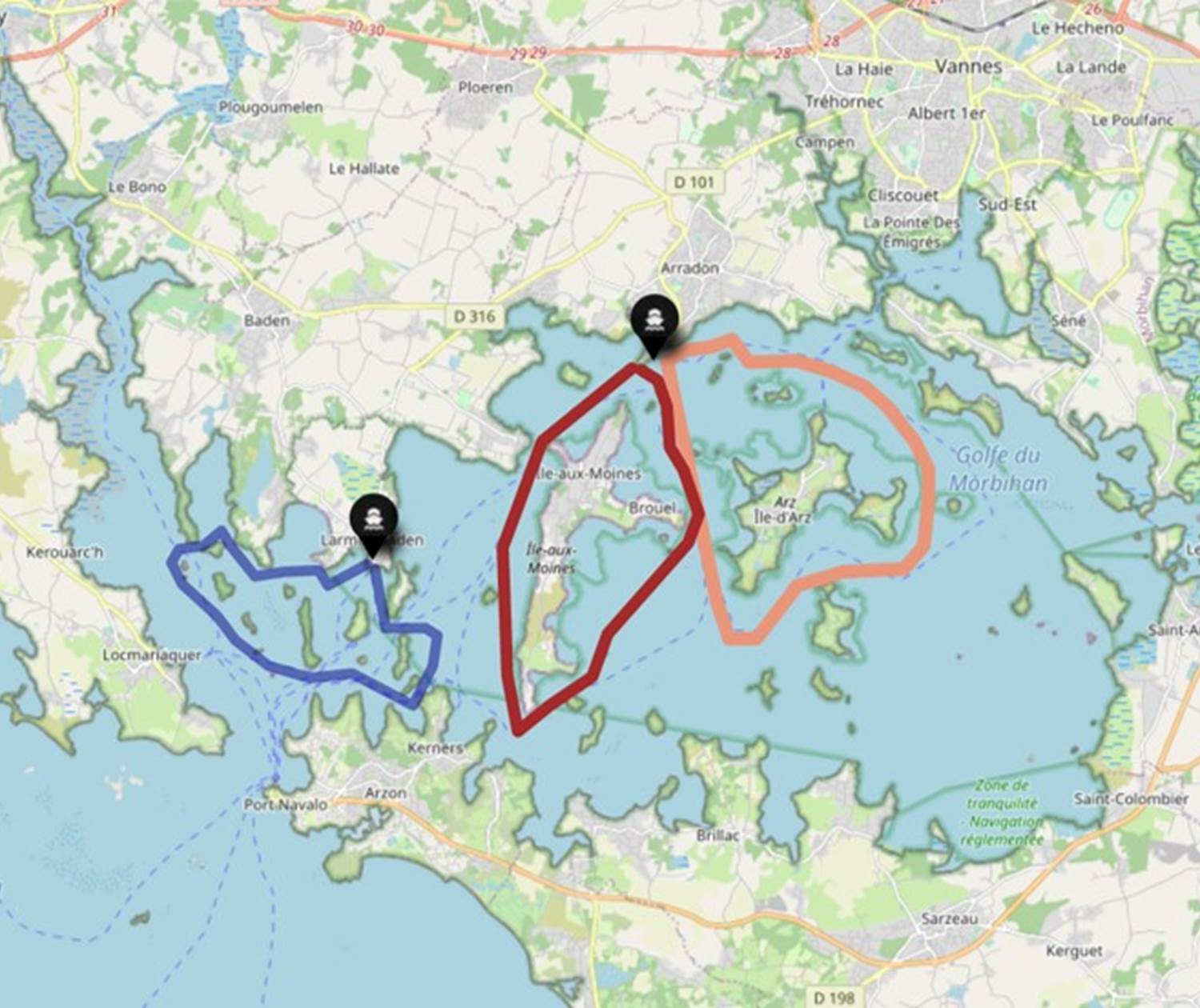 Carte parcours kayak Golfe du Morbihan Villa Charles Ashton