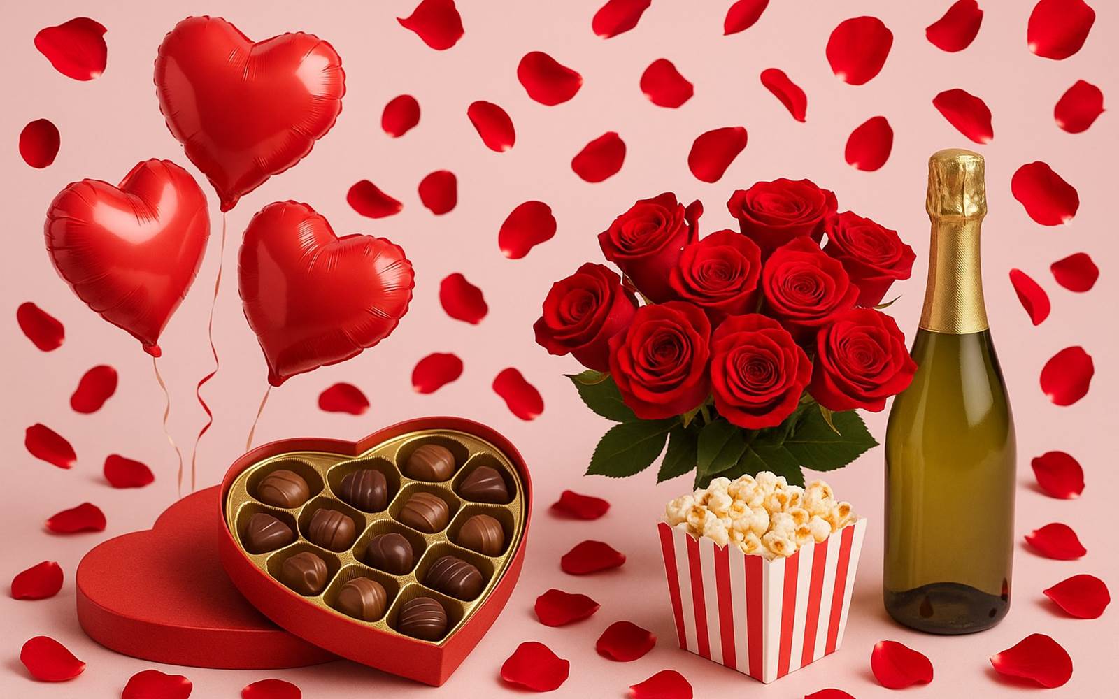Packe Lover avec pétales ballons vin pétillant chocolats pop corn bouquet