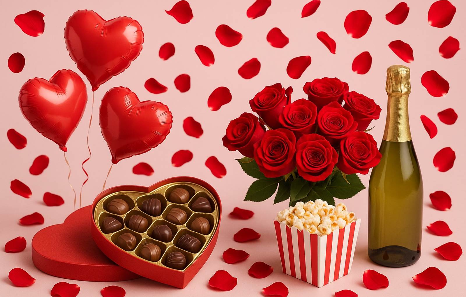 Pack lover en option à 98€ avec pétales, ballons, vin pétillant, chocolats, pop corn et bouquet-carousel