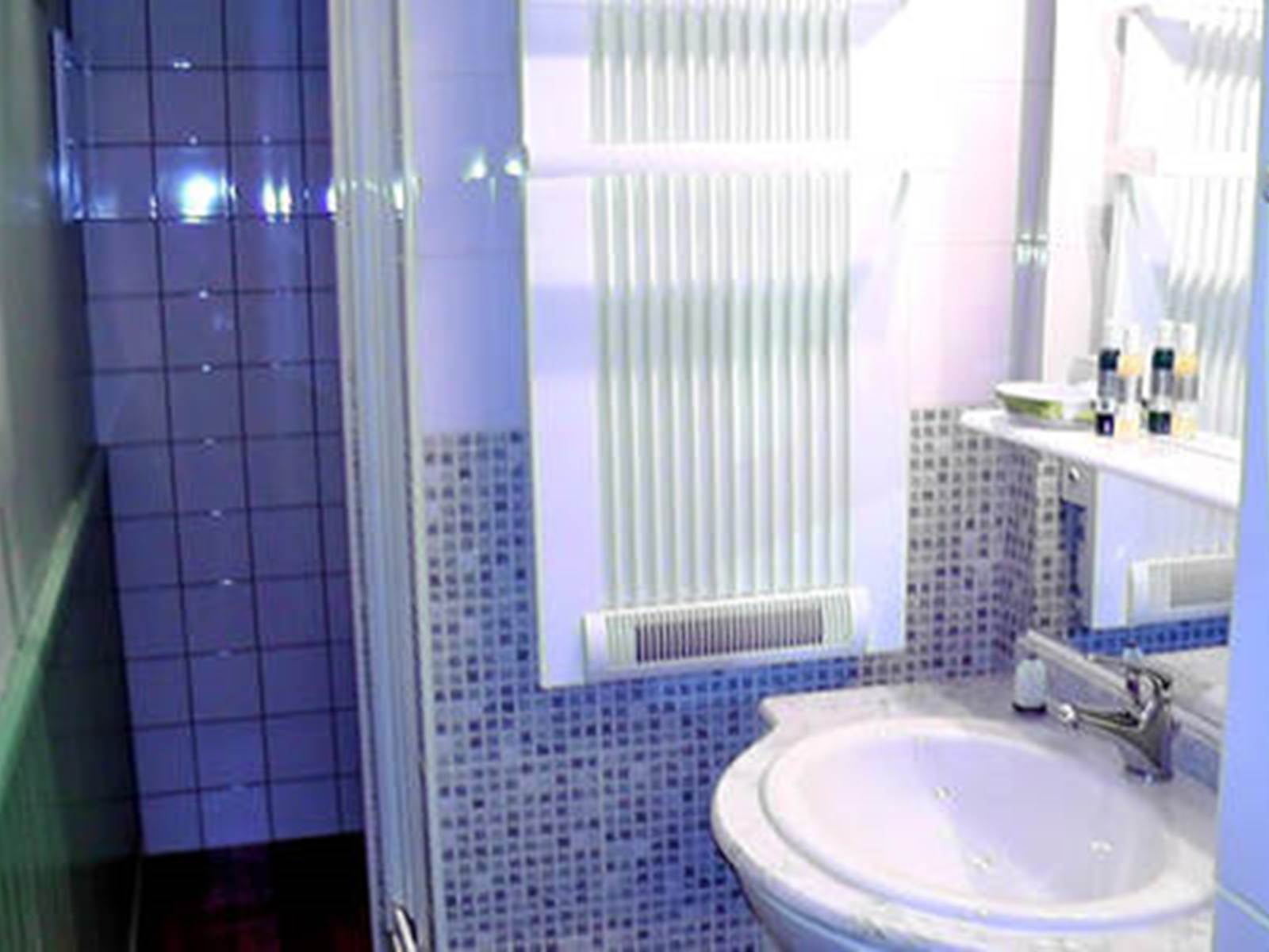 Salle d'eau avec cabine de douches, vasque, sèche serviettes, sèche cheveux, articles de toilette.