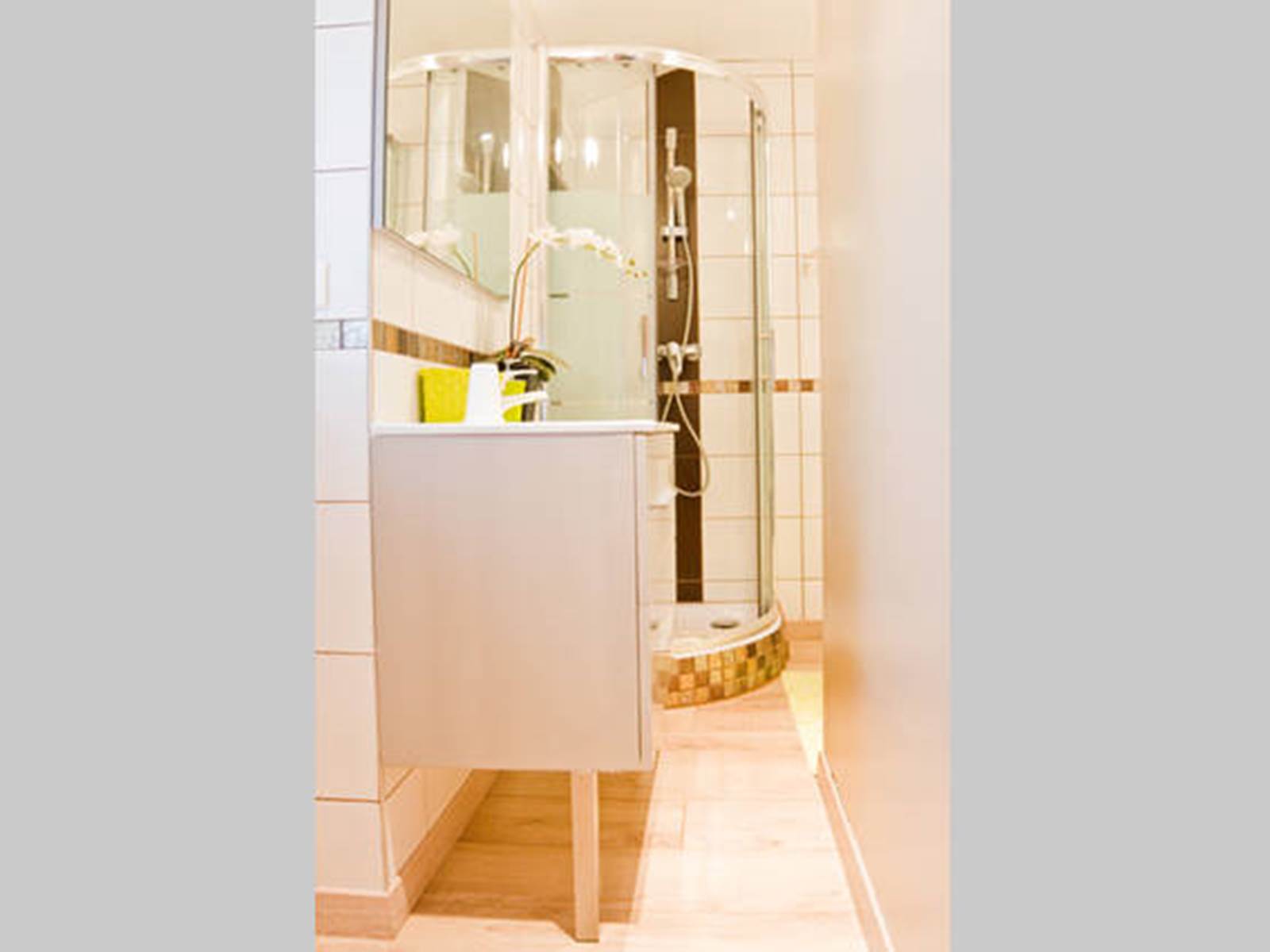 Salle de bain avec cabine de douche, vasque, articles de toilettes, sèche-cheveux, sèche serviettes.