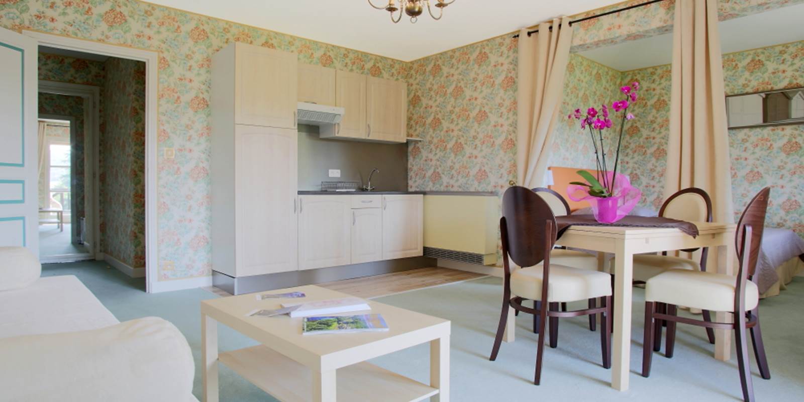Gîte 33 cuisine séjour canapé-lit avec balcon filant dans la Gentilhommière