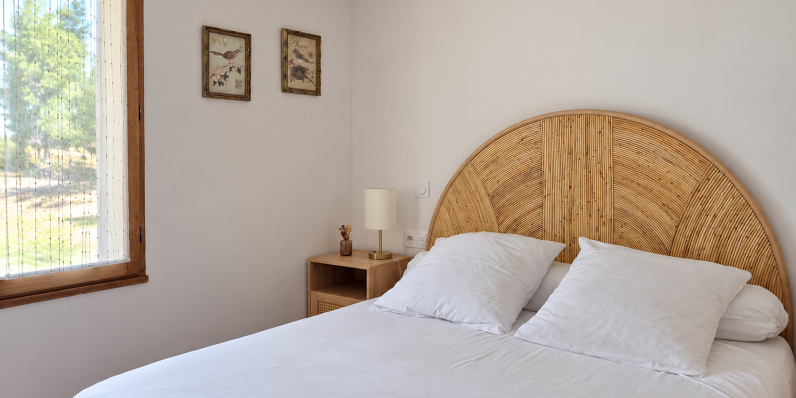 Chambre lumineuse avec tête de lit en rotin