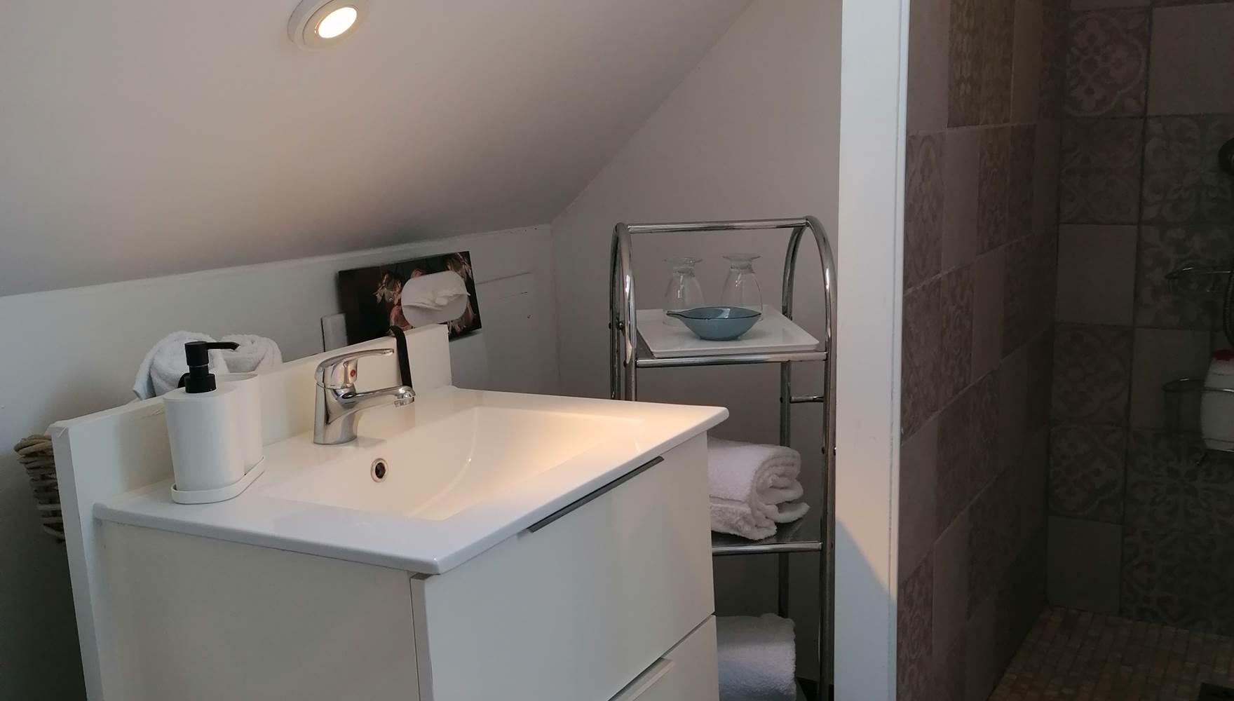 Salle de bain privative avec la douche à l'italienne - Chambre d'hôtes La Malposte, Reviers