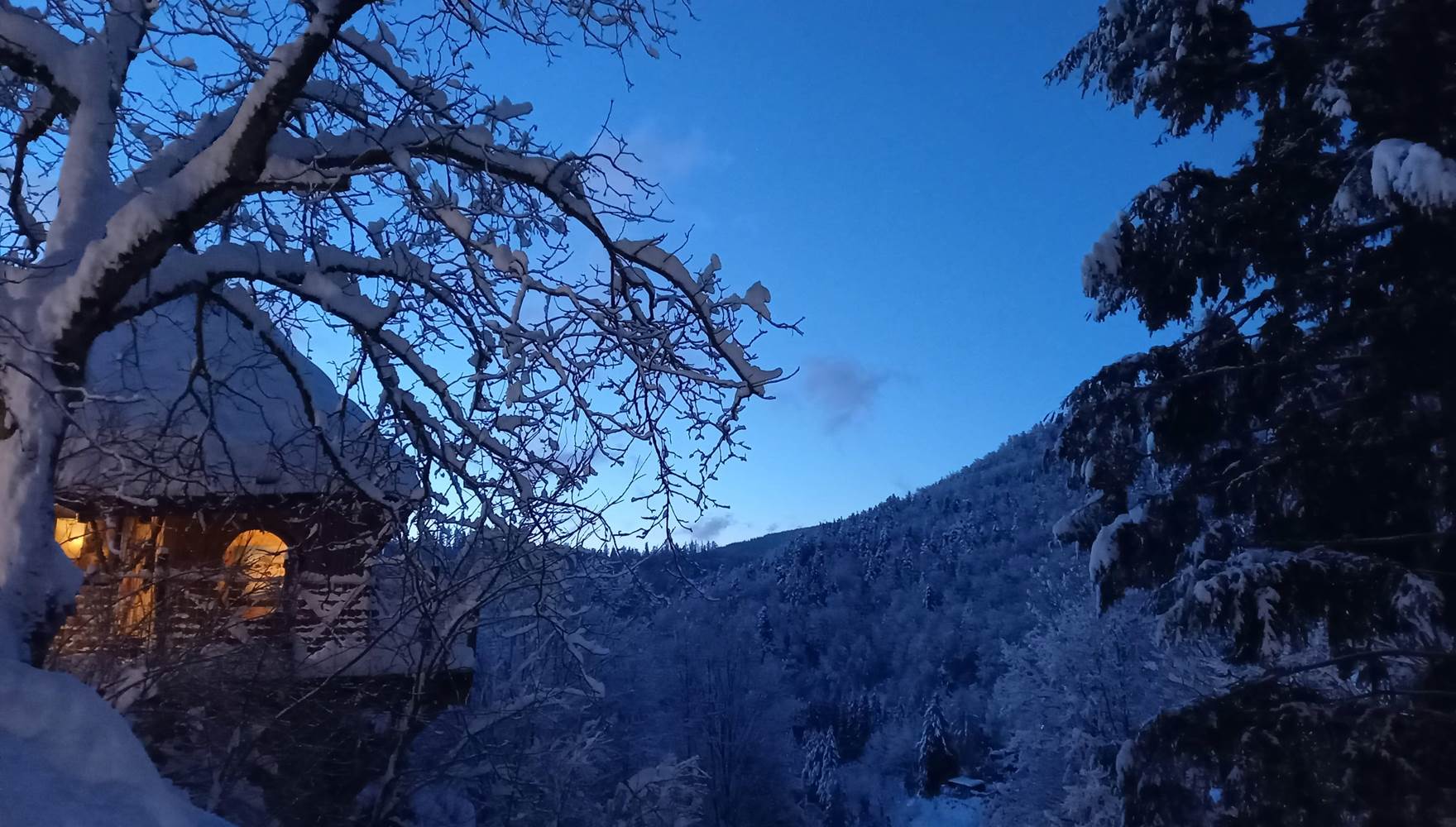 Cabane perchée sous la neige