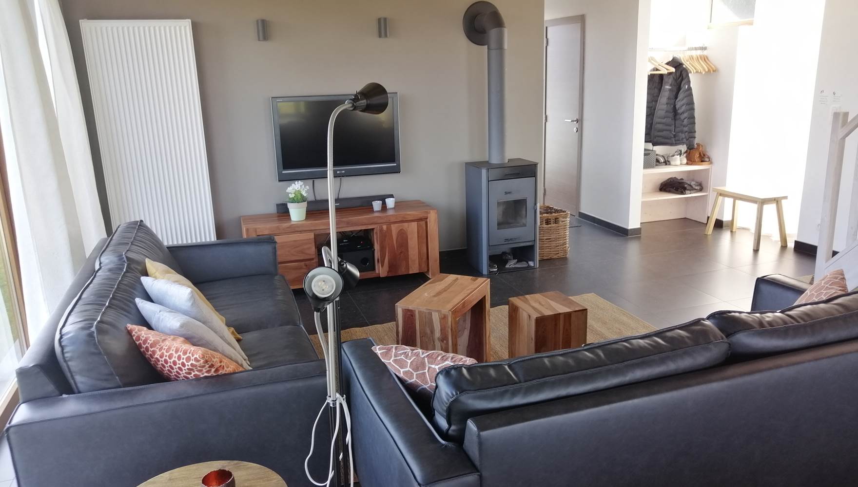 salon avec TV et poêle à bois