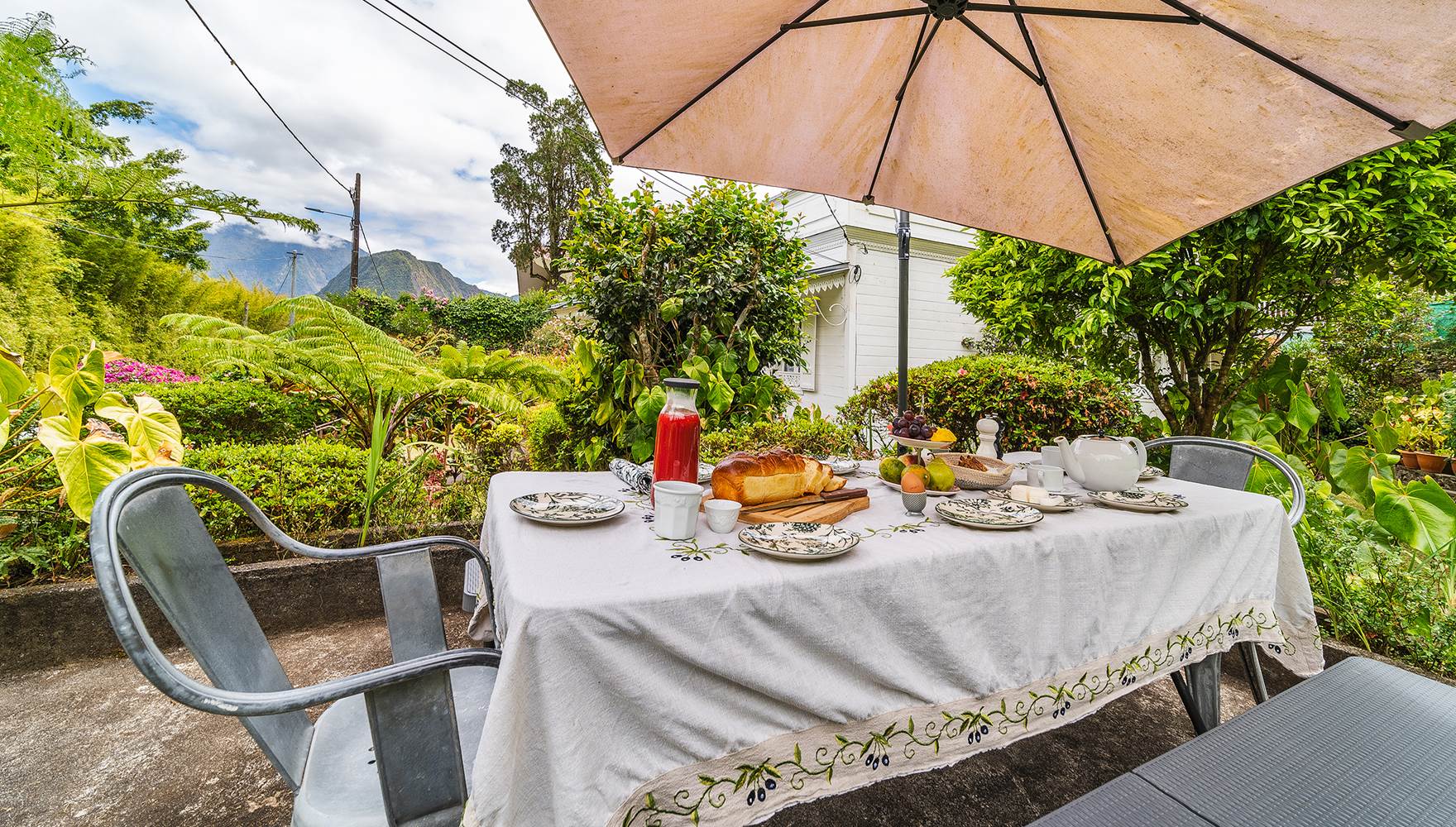Petit-déjeuner dans le jardin : vue sur le Piton des Neiges