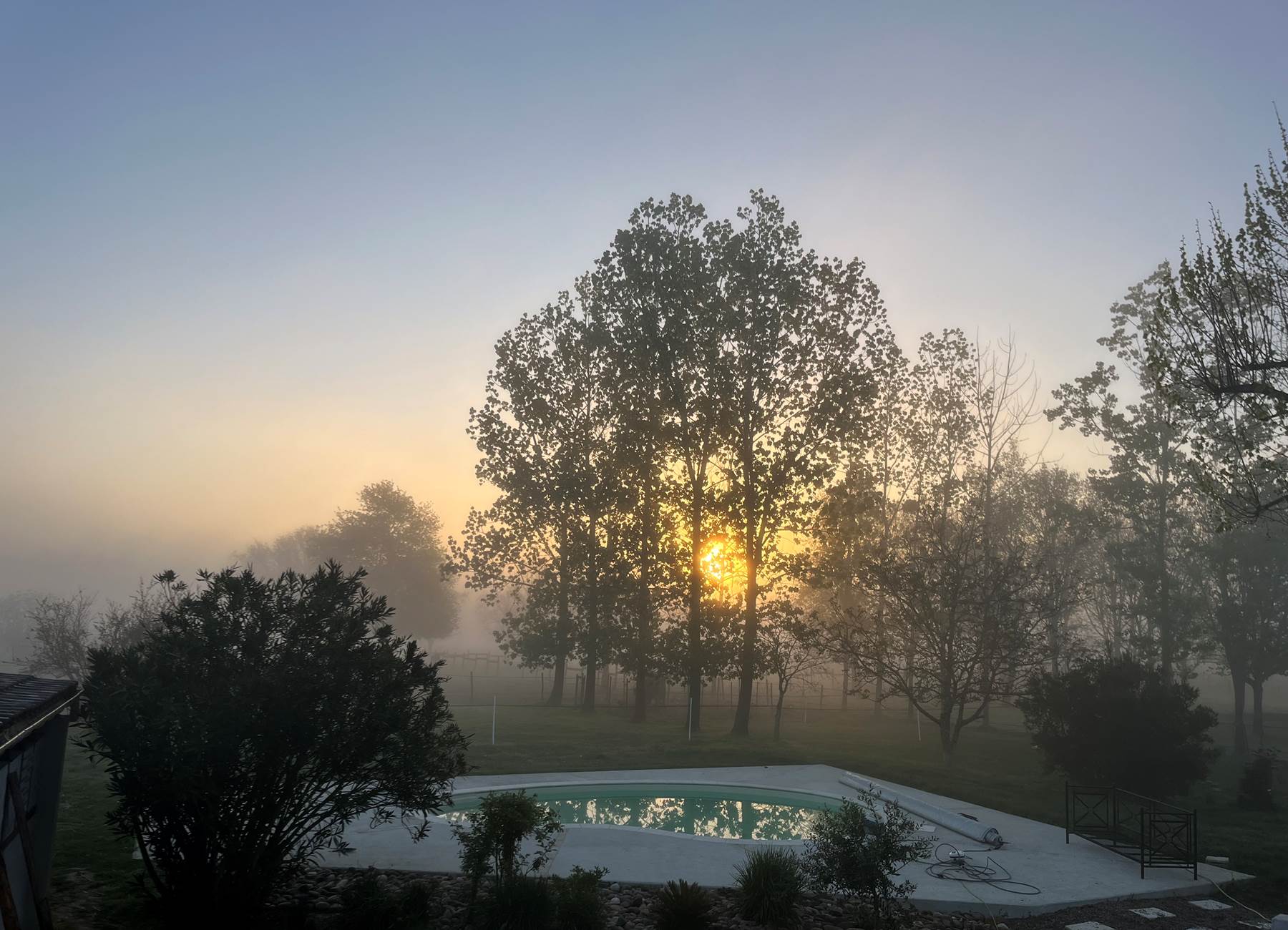 Lever du jour ensoleillé sur la piscine et le parc
