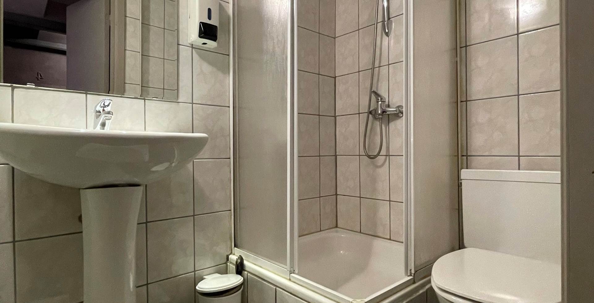 Salle de bain privative de la Chambre Double 3 comprenant une douche, un lavabo, un sèche cheveux et une toilette.
