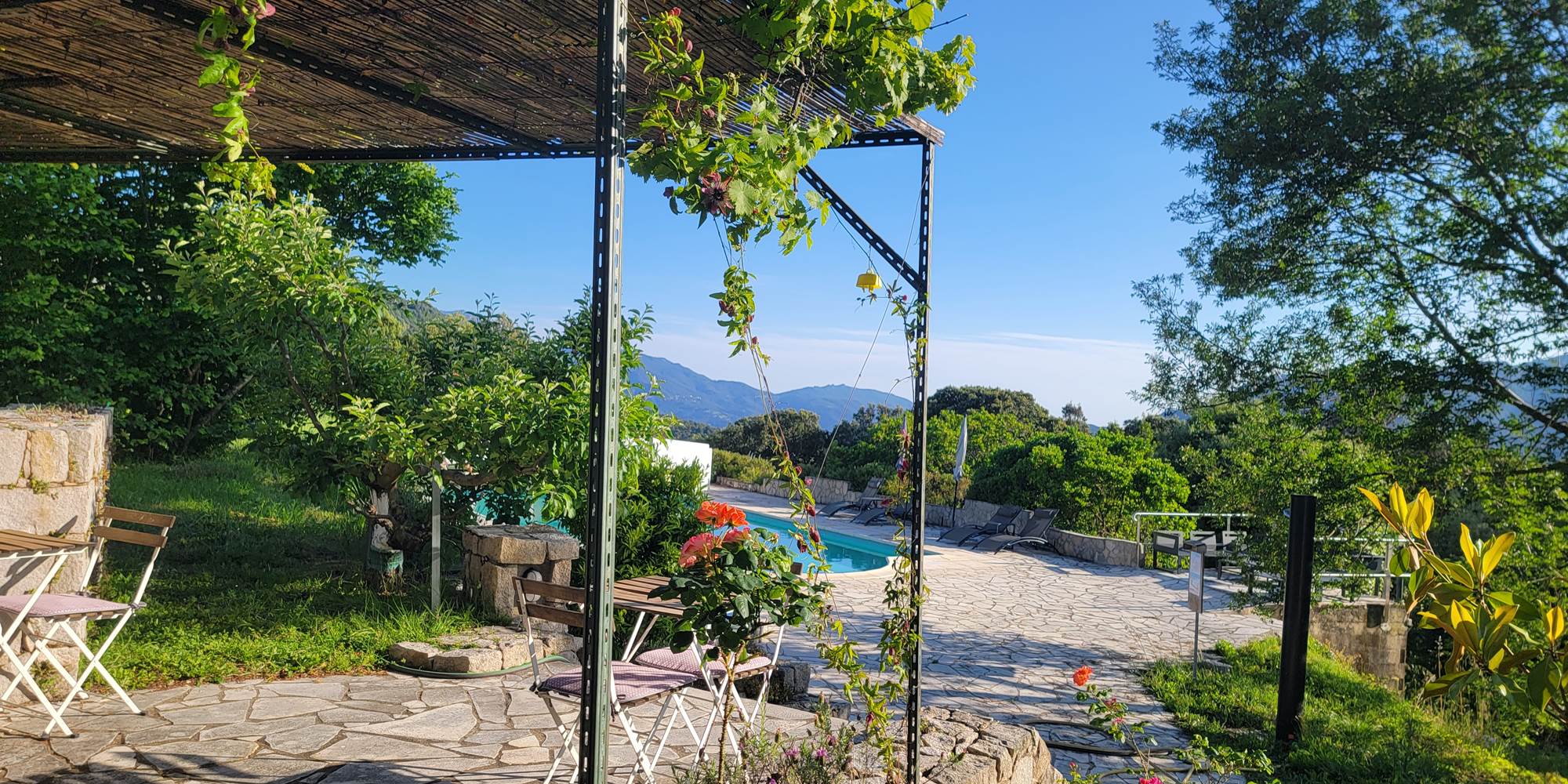 Espace détente ombragé dans le jardin arboré avec vue sur la piscine et la nature environnante.