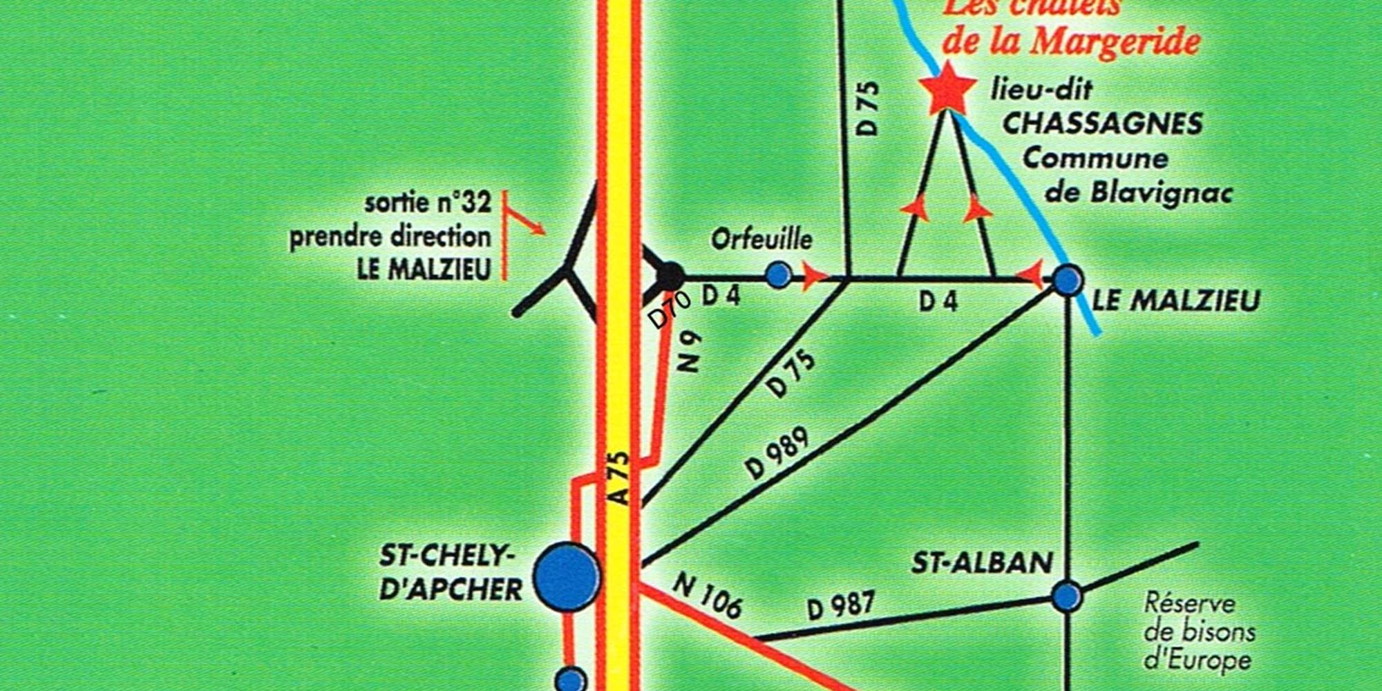 Un accès rapide, facile à 5 mn de l'Autoroute A75, sortie N° 32 pour Les Chalets de la Margeride