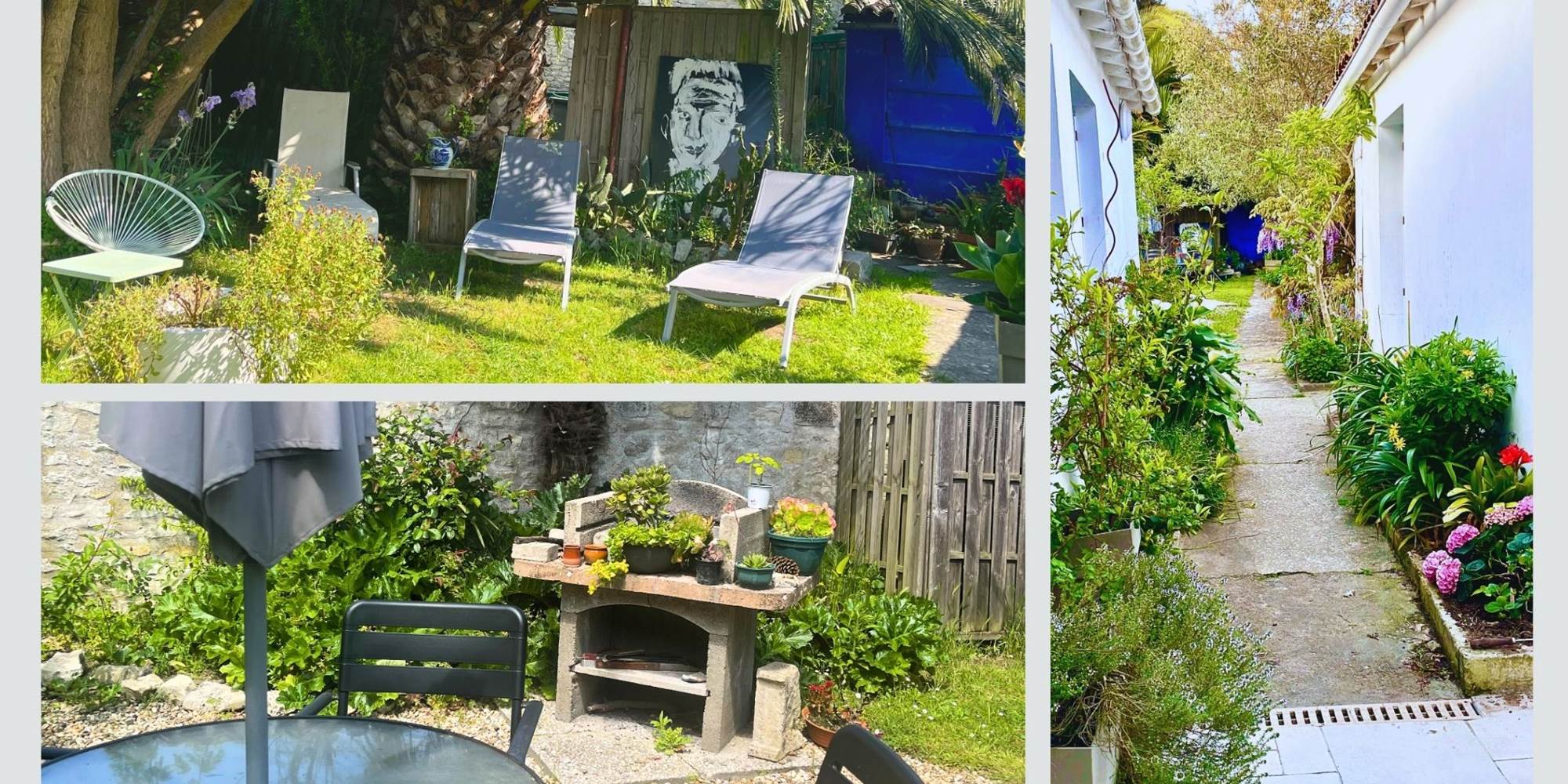 Maison Réthaise 2 – Jardin partagé et coin détente Un extérieur pensé pour la convivialité : transats sous les arbres, chemin arboré et coin barbecue pour des moments simples et chaleureux.