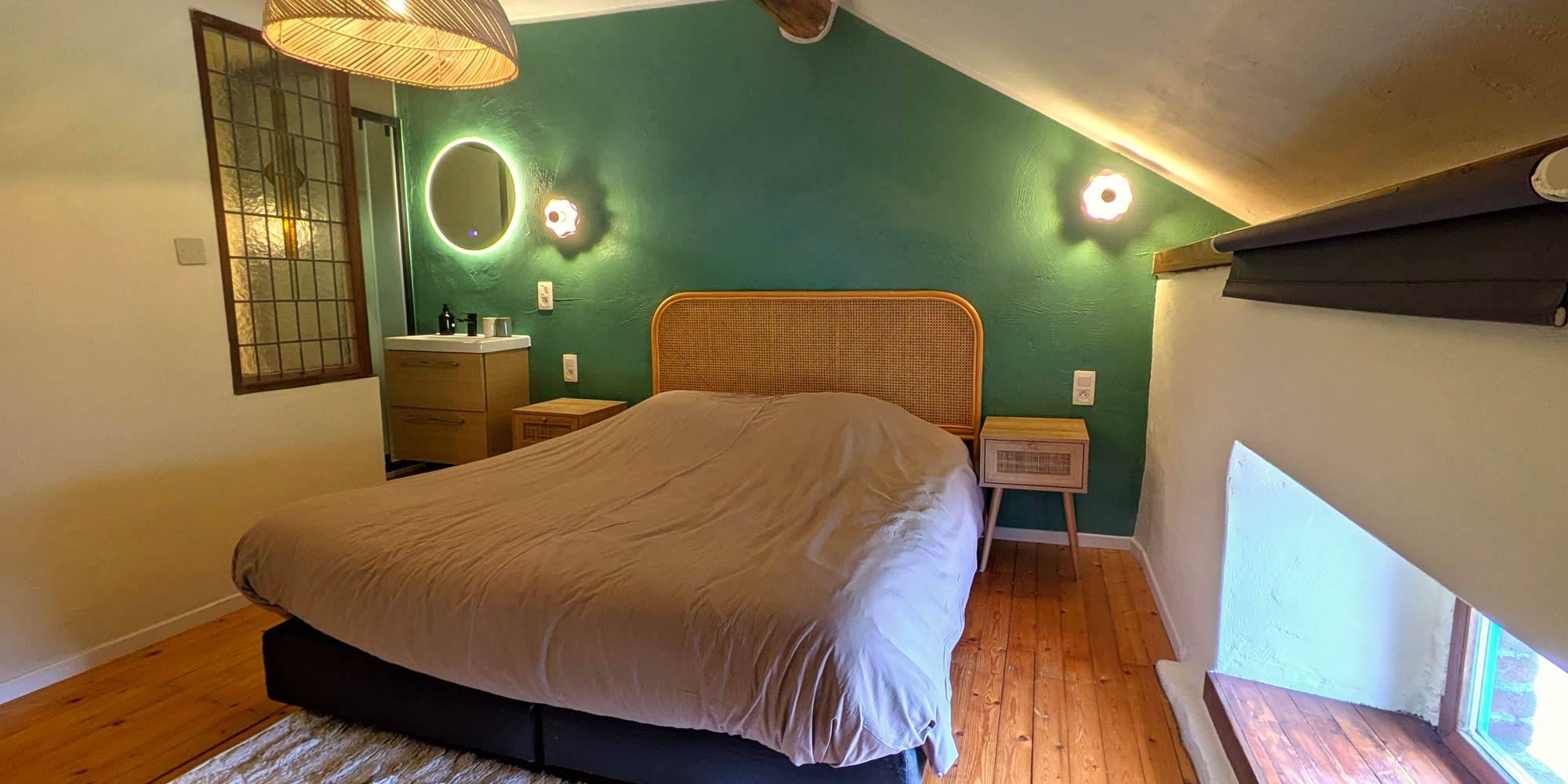 Bright queen bedroom with peaceful countryside atmosphere