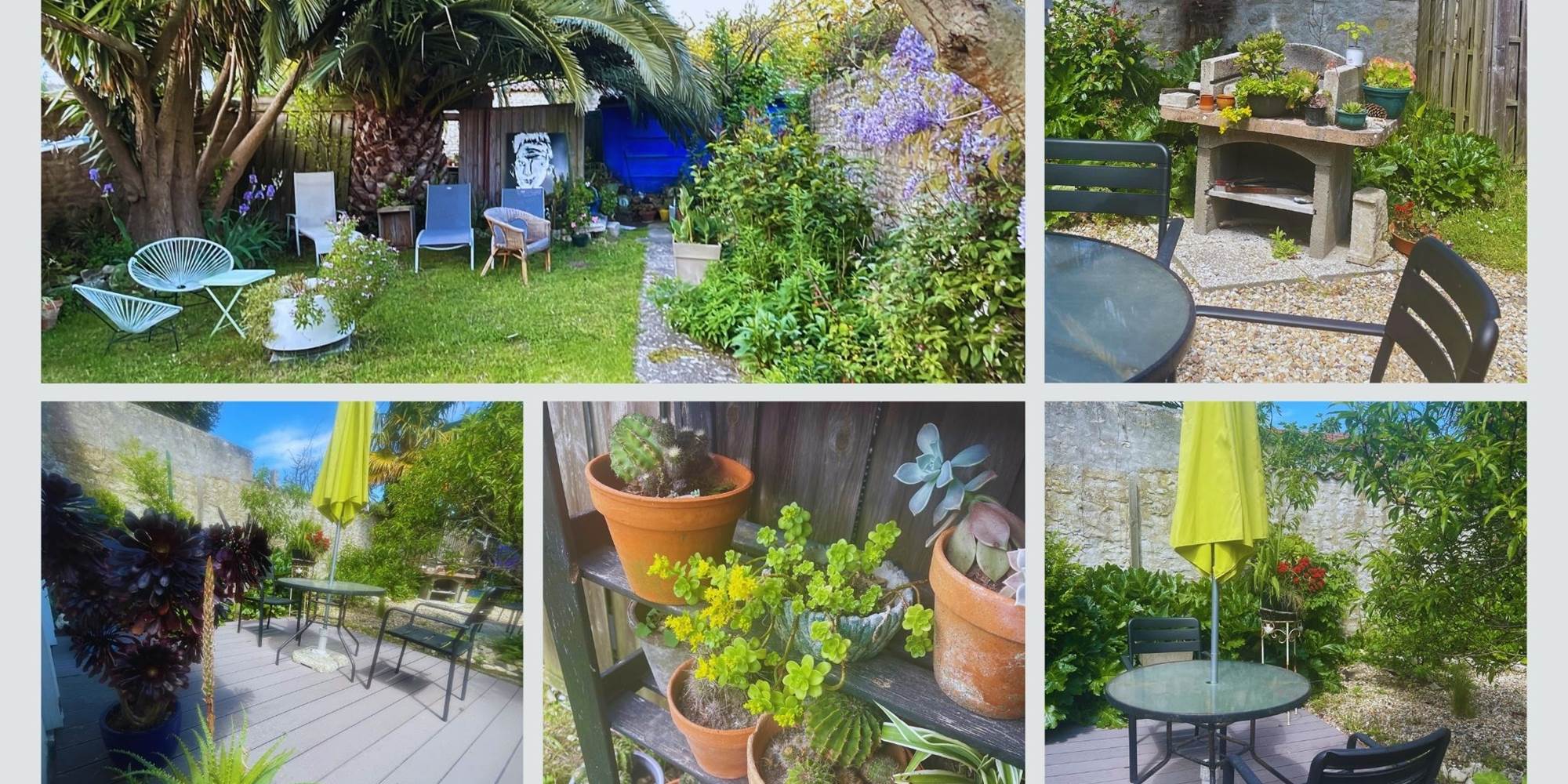 Espace détente sous les palmiers avec barbecue Notre jardin commun offre un véritable havre de paix : plantes grasses, banquettes, mobilier d’extérieur et un coin barbecue pour un séjour authentique et convivial à La Flotte.