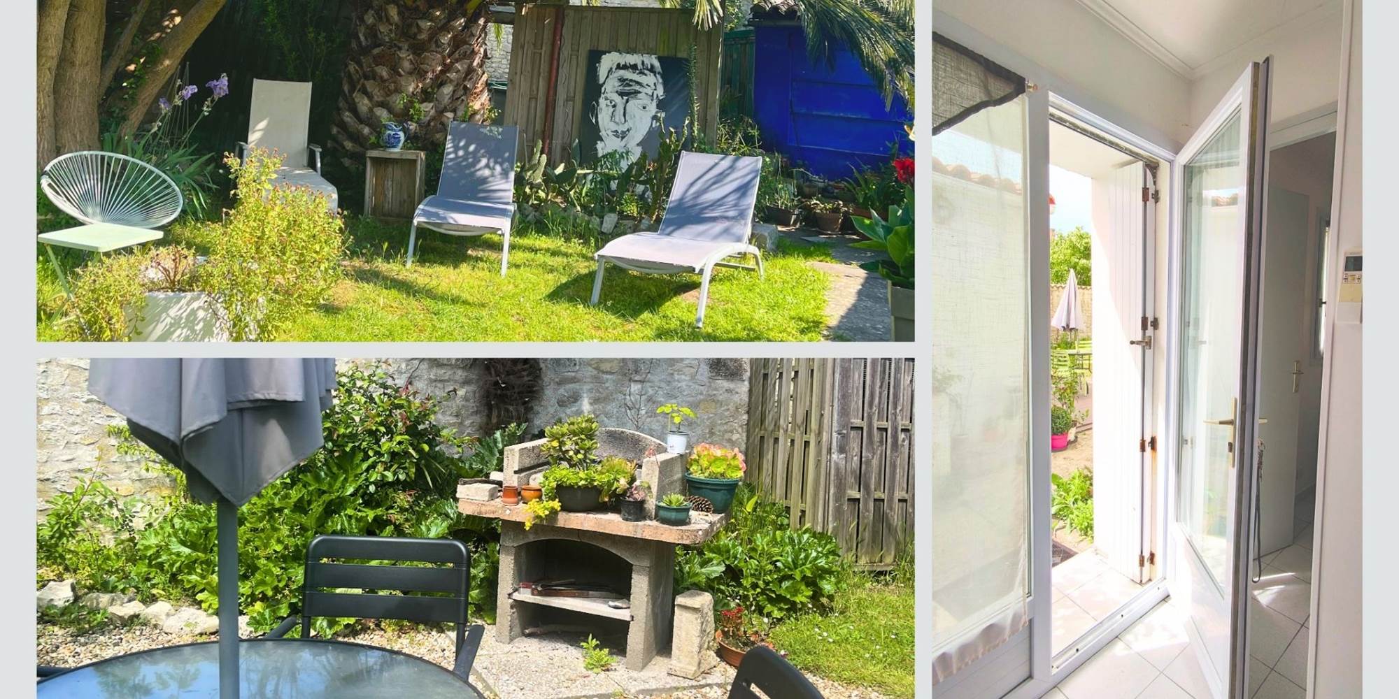 Maison Réthaise 2 : Jardin et barbecue au centre-ville de La Flotte Une ambiance fleurie et conviviale pour vos repas en plein air et vos après-midis farniente à l’ombre du palmier.