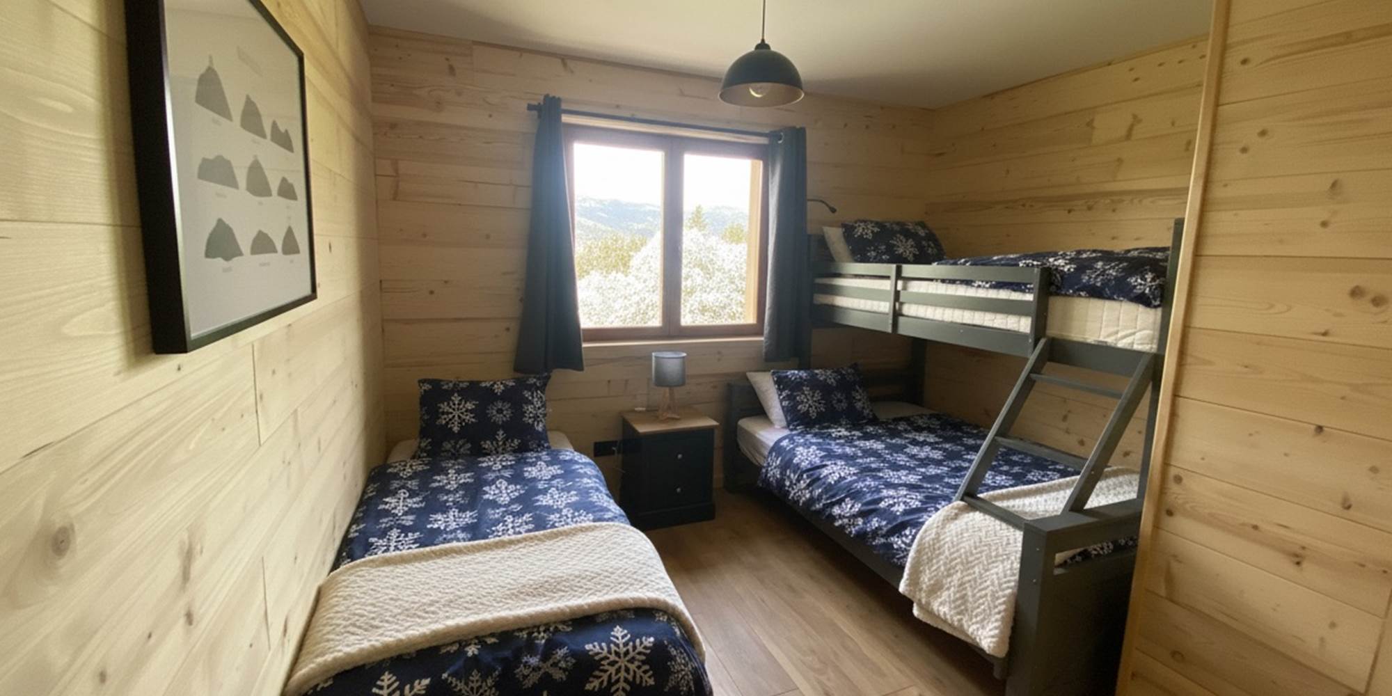 Chambre enfants avec un lit double, un lit simple et un lit à étage