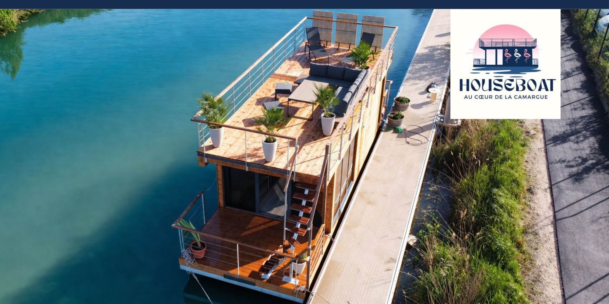 Vue aérienne d’un houseboat, offrant un séjour atypique sur l’eau à Saint-Gilles dans le Gard, au cœur d’un environnement naturel paisible et dépaysant.
