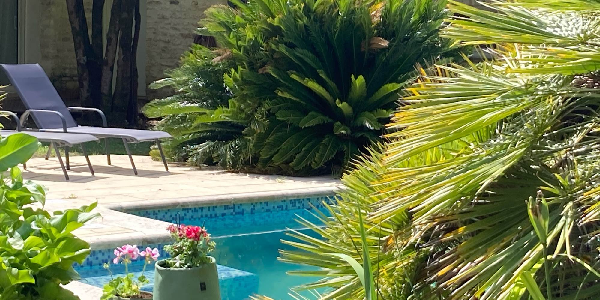 Vue sur la piscine depuis la terrasse de la chambre