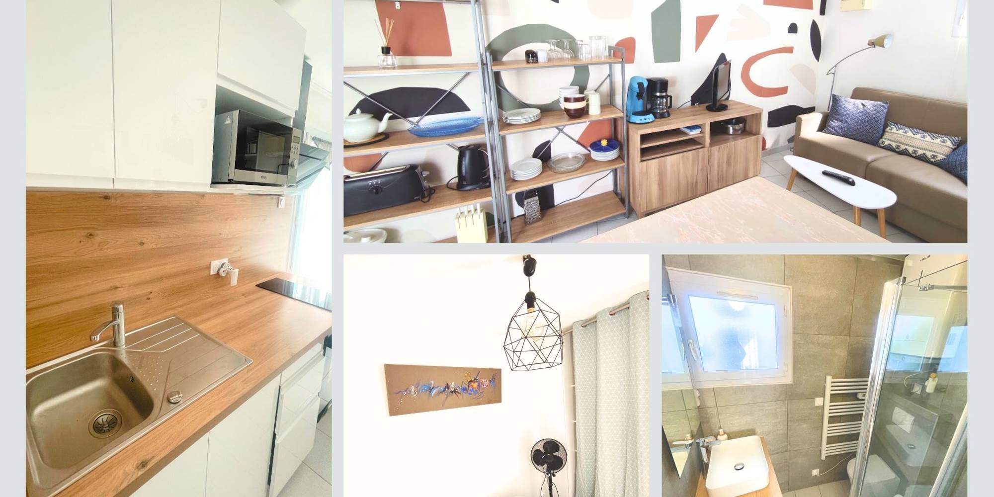 Maison Réthaise 2 – Intérieur clair et fonctionnel Ambiance artistique et équipements complets pour ce logement parfaitement pensé pour deux personnes, à deux pas du centre-village et du marché.