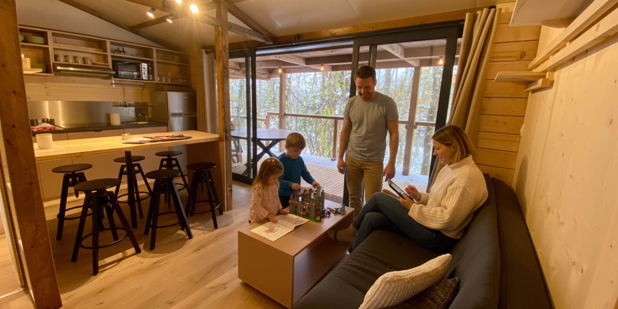 Coin séjour avec vue sur la forêt